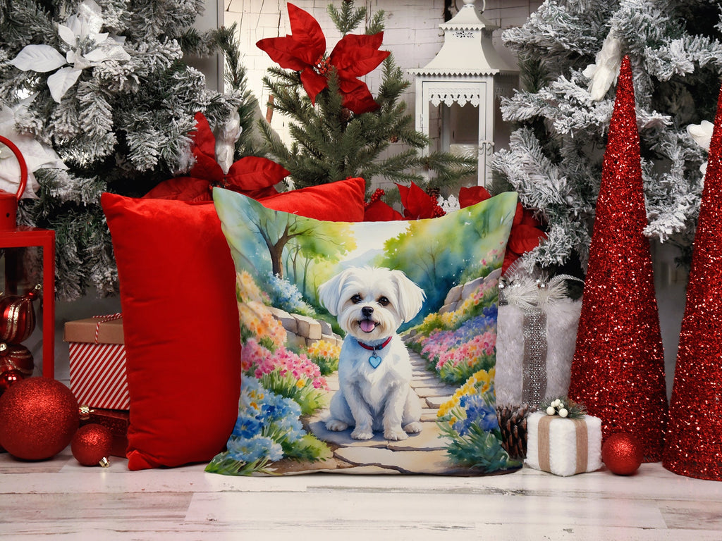 Maltese Spring Path Decorative Throw Pillow 14x14 Indoor Outdoor Accent Cushion, Fabric Cover with Insert for Sofa, Bed, Porch & Living Room