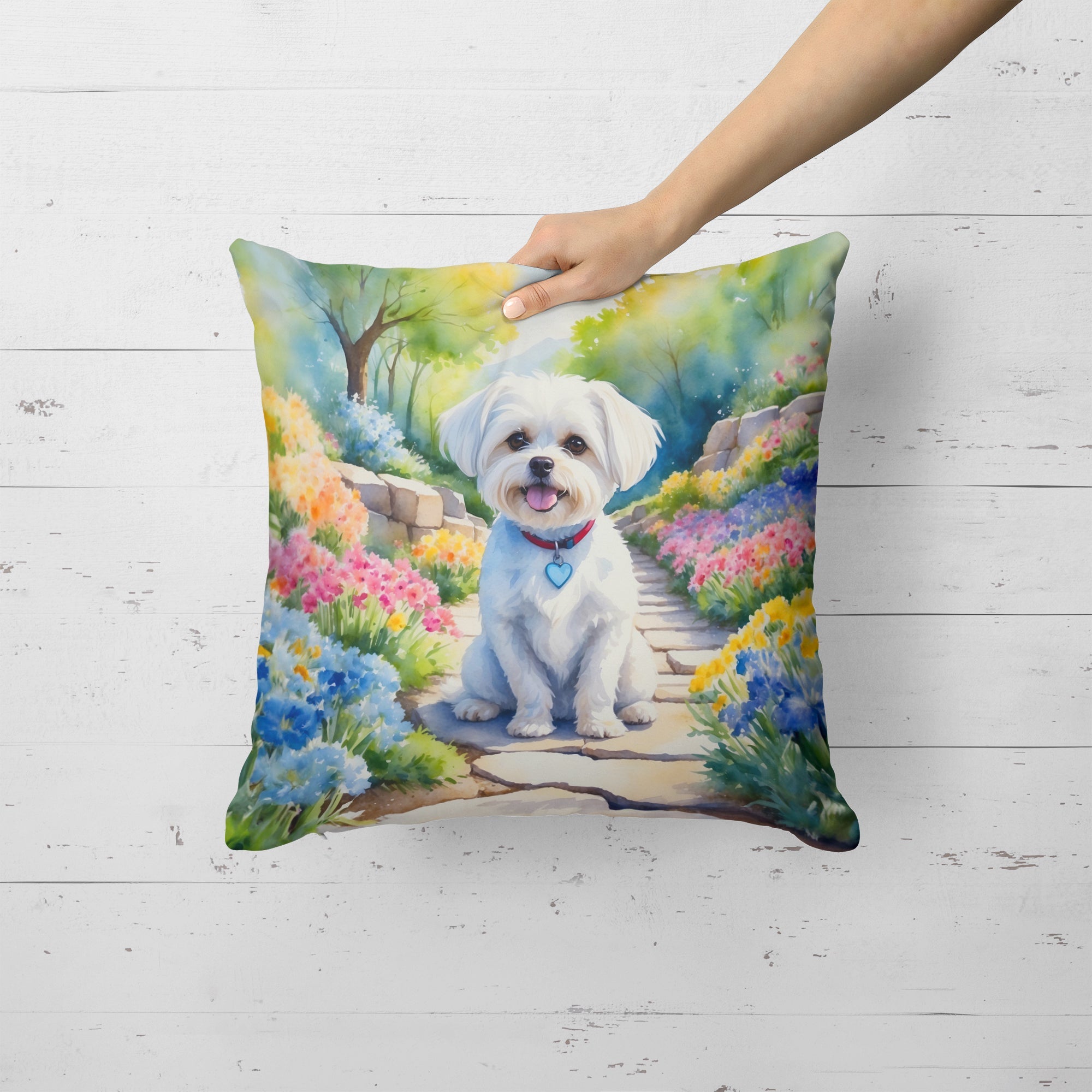 Maltese Spring Path Decorative Throw Pillow 18x18 Indoor Outdoor Accent Cushion, Fabric Cover with Insert for Sofa, Bed, Porch & Living Room