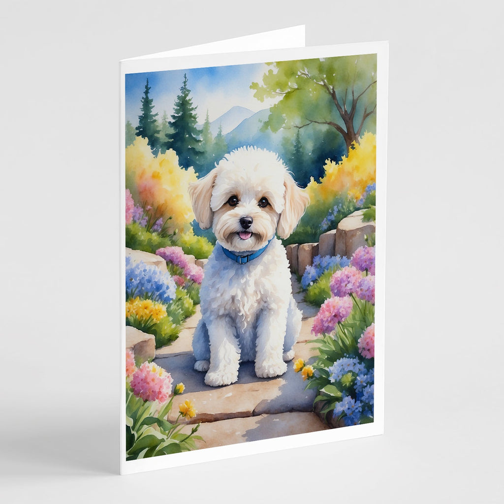 Maltipoo Spring Path Greeting Cards Pack of 8 Blank Cards with Envelopes Whimsical A7 Size 5x7