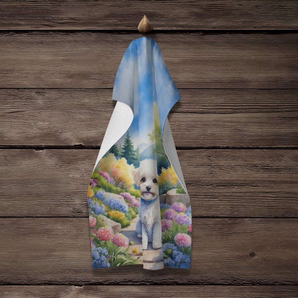 Maltipoo Spring Path Kitchen Towel Velour Plush Front and Cotton Loop Back Machine Washable