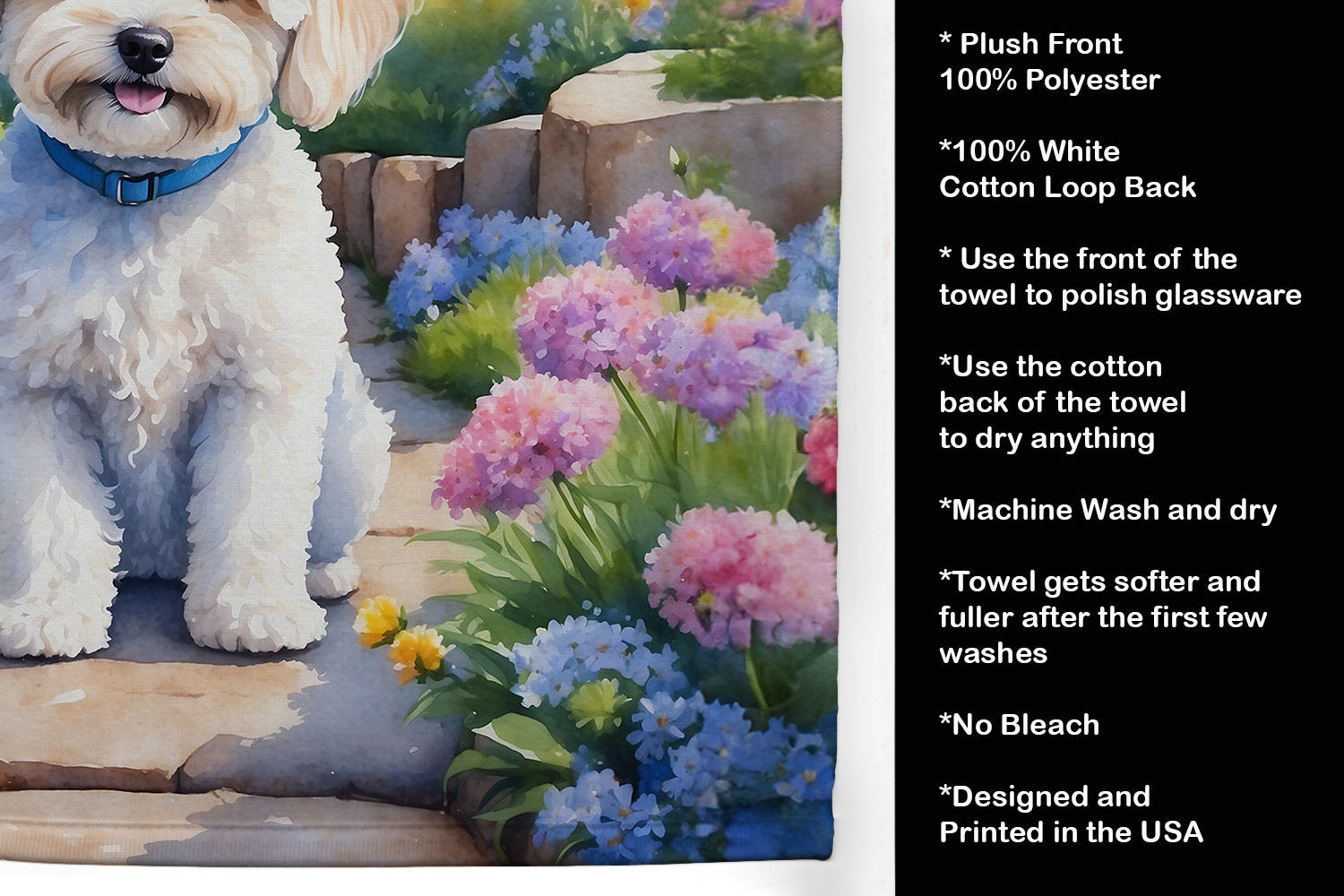 Maltipoo Spring Path Kitchen Towel Velour Plush Front and Cotton Loop Back Machine Washable