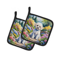 Maltipoo Spring Path Pot Holder Set of 2 Heat Resistant Quilted Hot Pads 7.5 x 7.5 Inch, Insulated Kitchen Trivets for Cooking & Baking