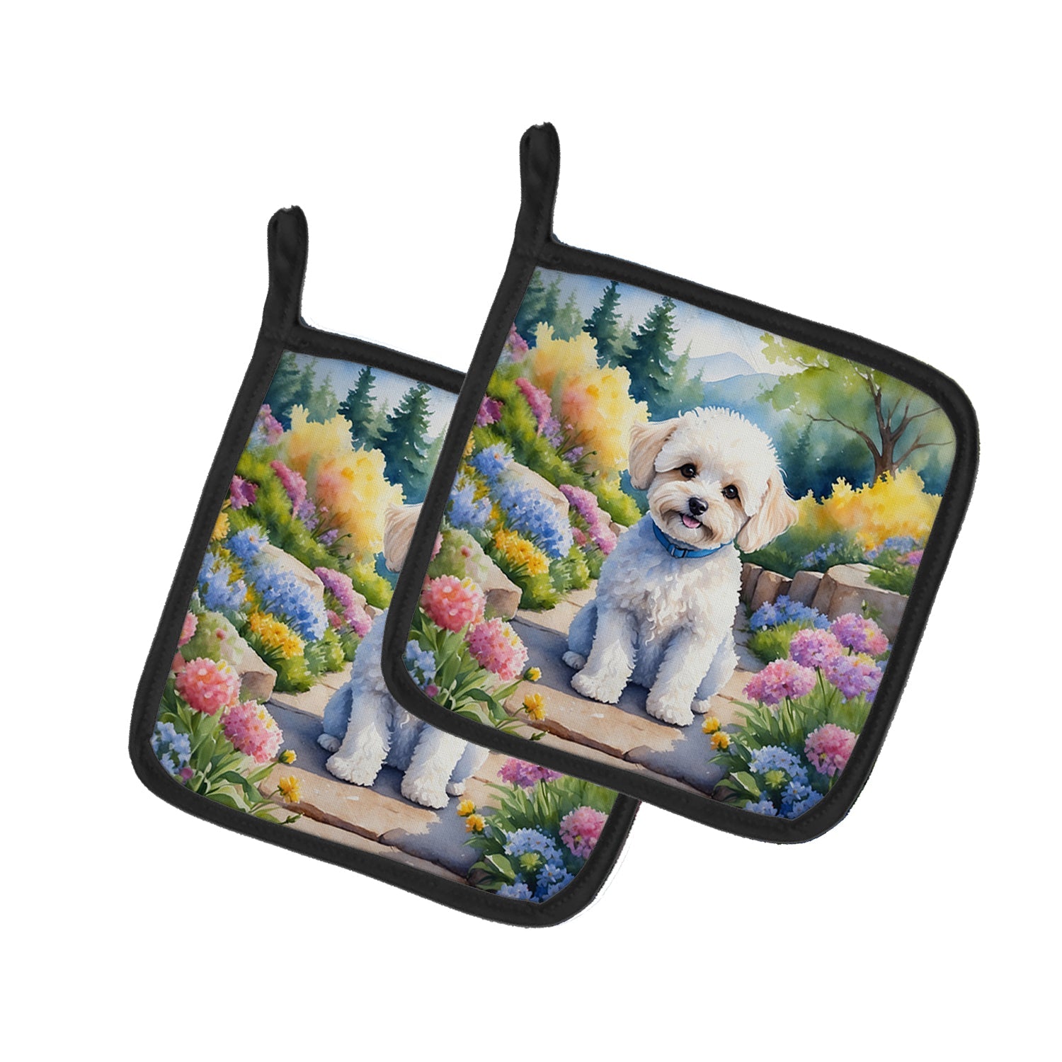 Maltipoo Spring Path Pot Holder Set of 2 Heat Resistant Quilted Hot Pads 7.5 x 7.5 Inch, Insulated Kitchen Trivets for Cooking & Baking