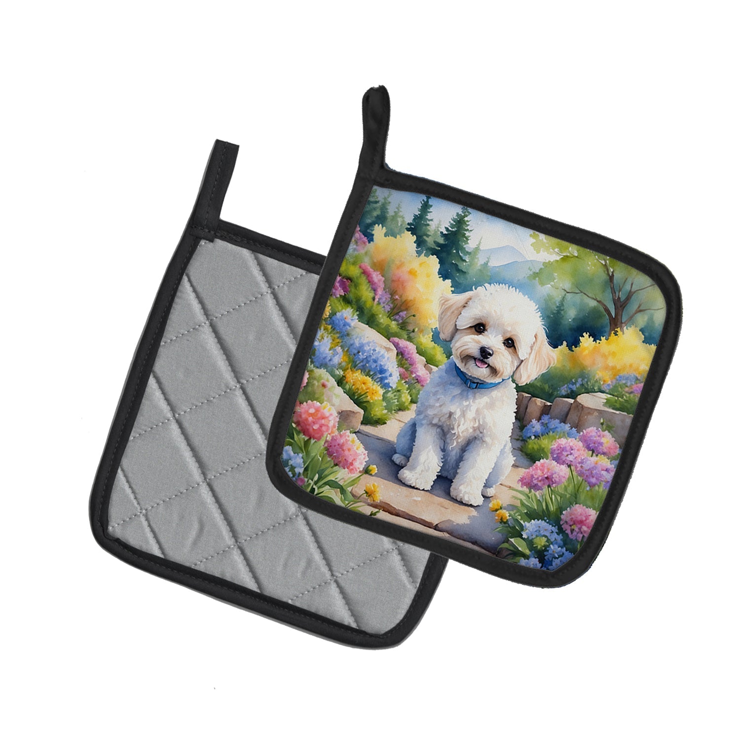Maltipoo Spring Path Pot Holder Set of 2 Heat Resistant Quilted Hot Pads 7.5 x 7.5 Inch, Insulated Kitchen Trivets for Cooking & Baking