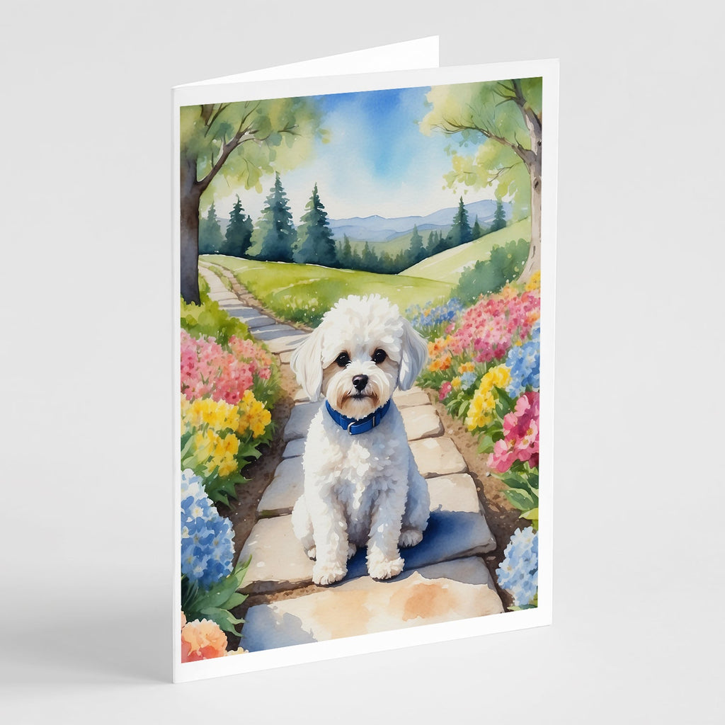 Maltipoo Spring Path Greeting Cards Pack of 8 Blank Cards with Envelopes Whimsical A7 Size 5x7