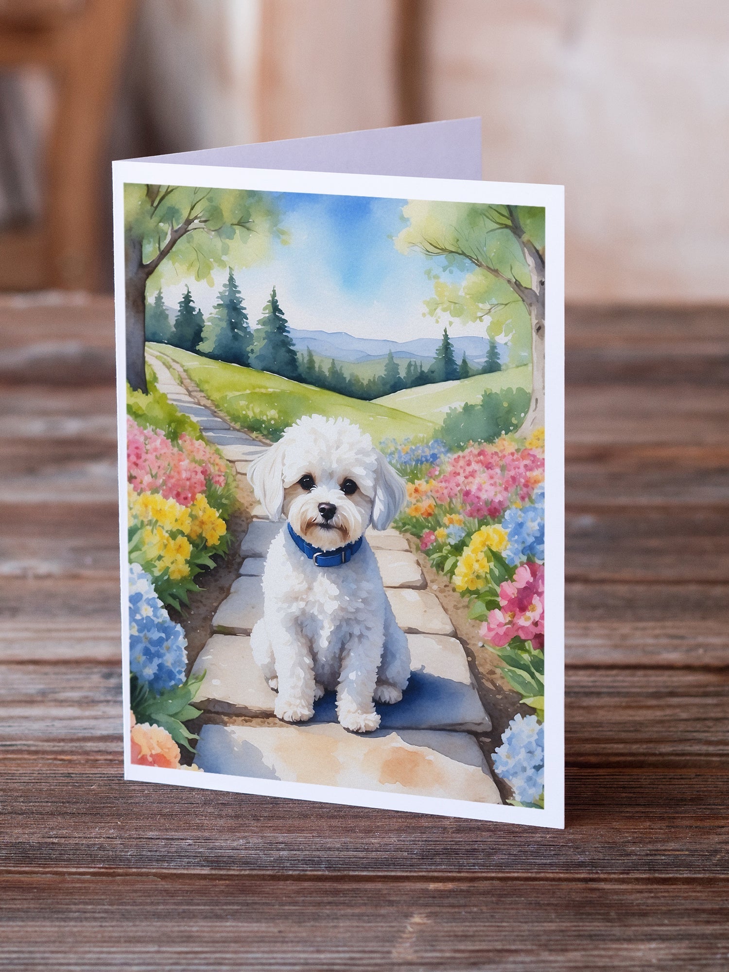 Maltipoo Spring Path Greeting Cards Pack of 8 Blank Cards with Envelopes Whimsical A7 Size 5x7
