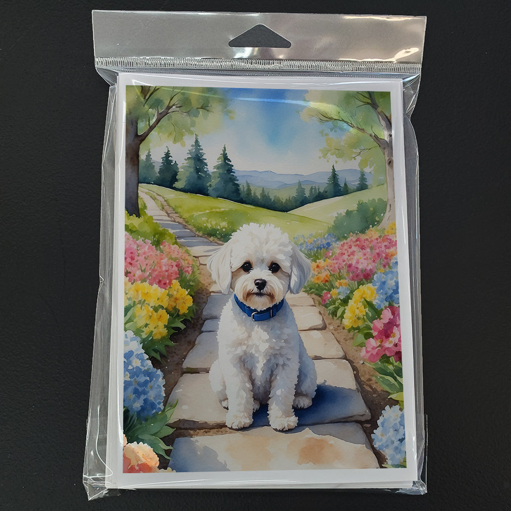 Maltipoo Spring Path Greeting Cards Pack of 8 Blank Cards with Envelopes Whimsical A7 Size 5x7