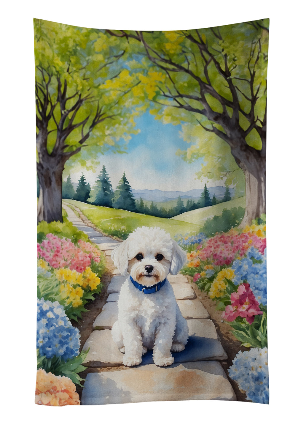 Maltipoo Spring Path Kitchen Towel Velour Plush Front and Cotton Loop Back Machine Washable