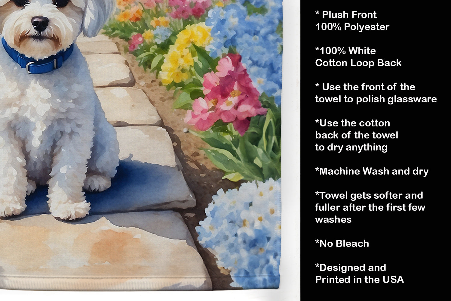 Maltipoo Spring Path Kitchen Towel Velour Plush Front and Cotton Loop Back Machine Washable