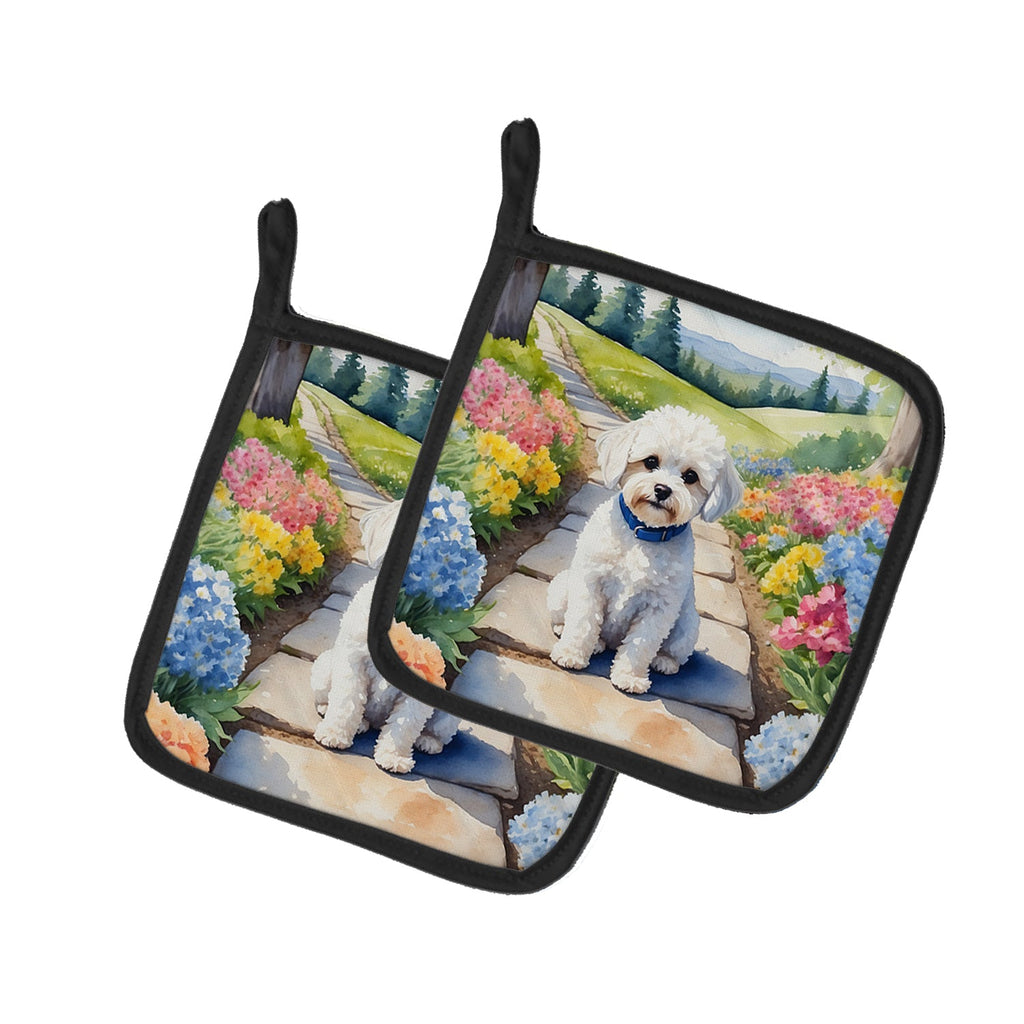 Maltipoo Spring Path Pot Holder Set of 2 Heat Resistant Quilted Hot Pads 7.5 x 7.5 Inch, Insulated Kitchen Trivets for Cooking & Baking