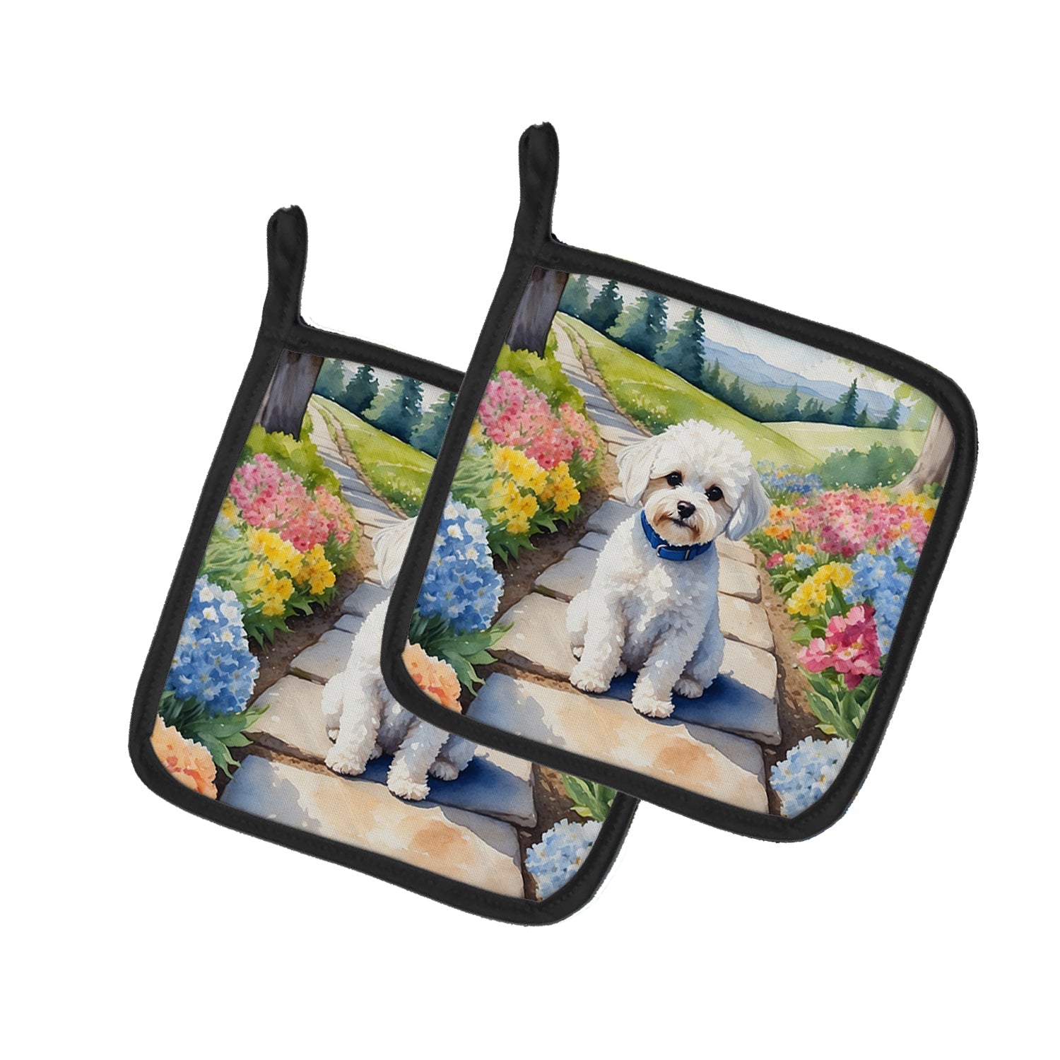 Maltipoo Spring Path Pot Holder Set of 2 Heat Resistant Quilted Hot Pads 7.5 x 7.5 Inch, Insulated Kitchen Trivets for Cooking & Baking