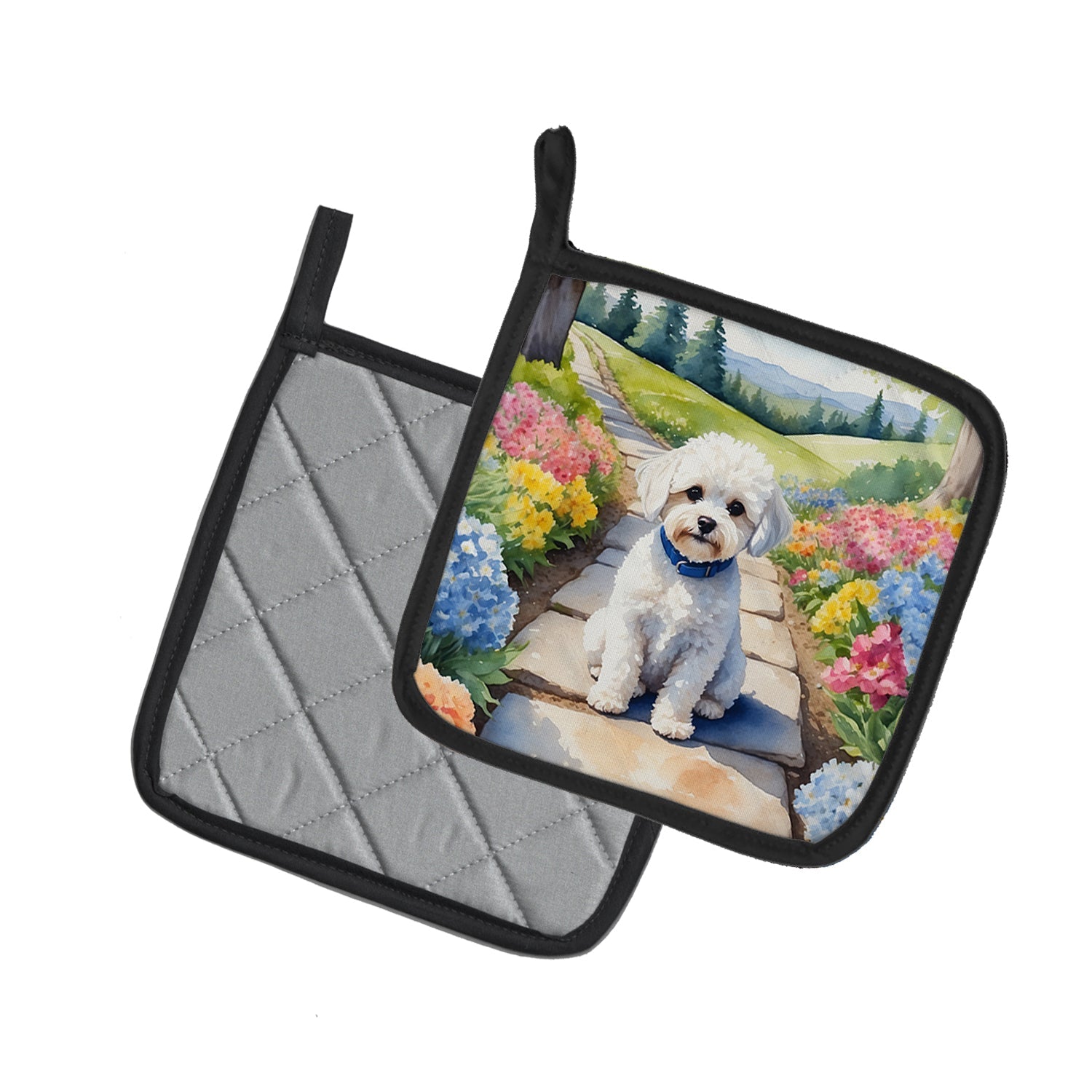 Maltipoo Spring Path Pot Holder Set of 2 Heat Resistant Quilted Hot Pads 7.5 x 7.5 Inch, Insulated Kitchen Trivets for Cooking & Baking