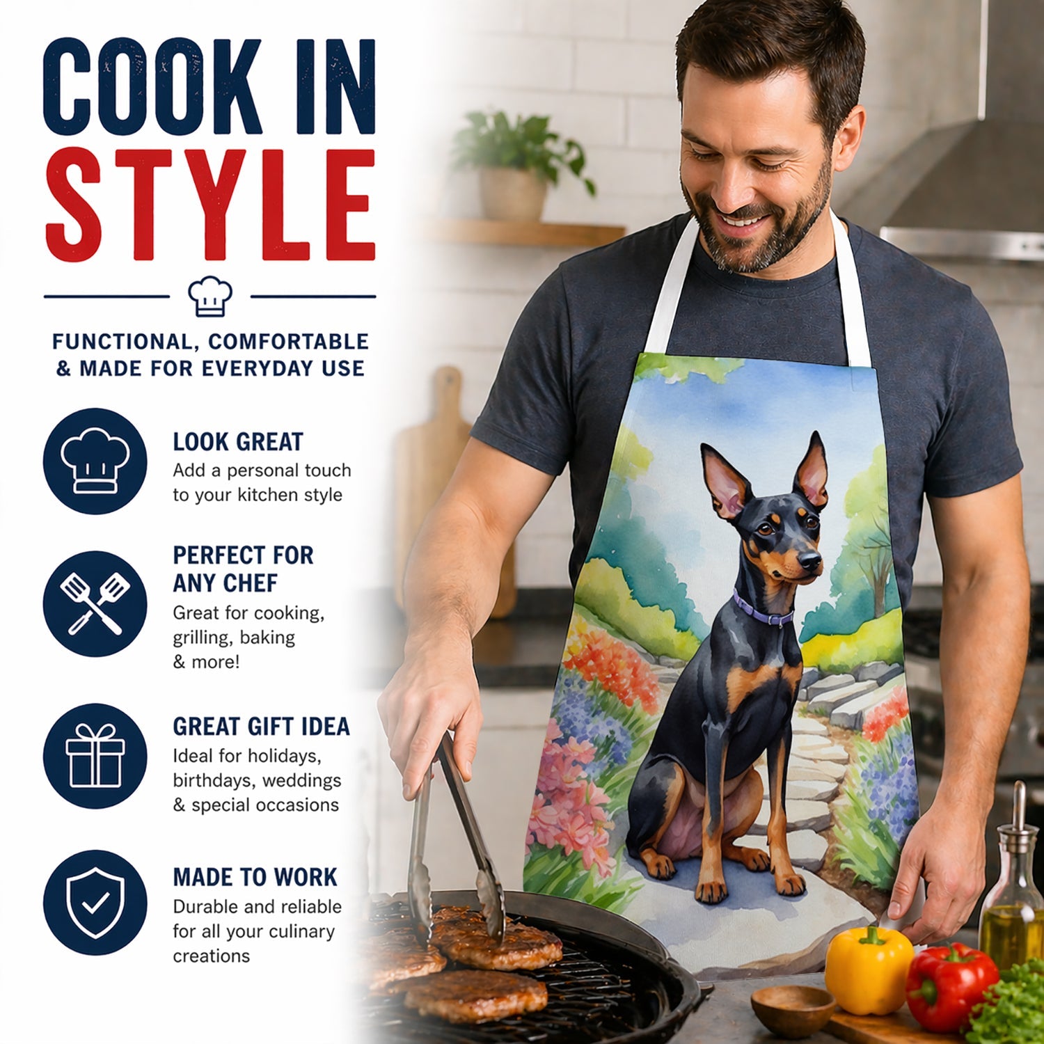 Manchester Terrier Spring Path Apron Cooking Kitchen Server Baking Crafts Gardening for Adult Women Men, Unisex, Large, Multicolor