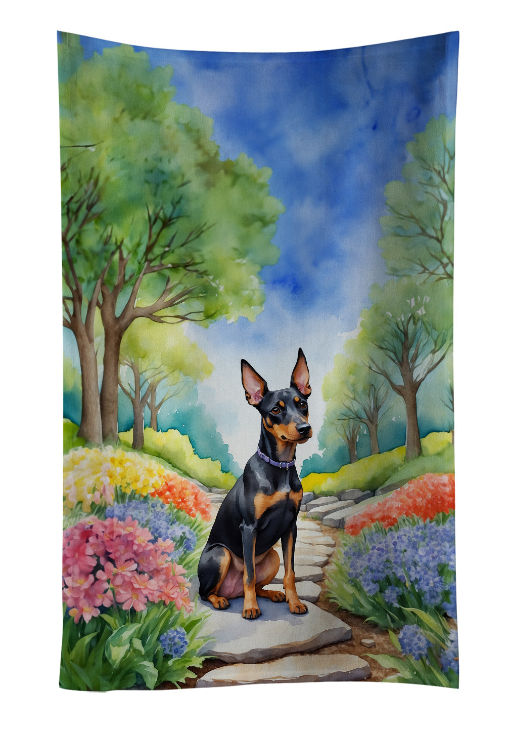 Manchester Terrier Spring Path Kitchen Towel Velour Plush Front and Cotton Loop Back Machine Washable