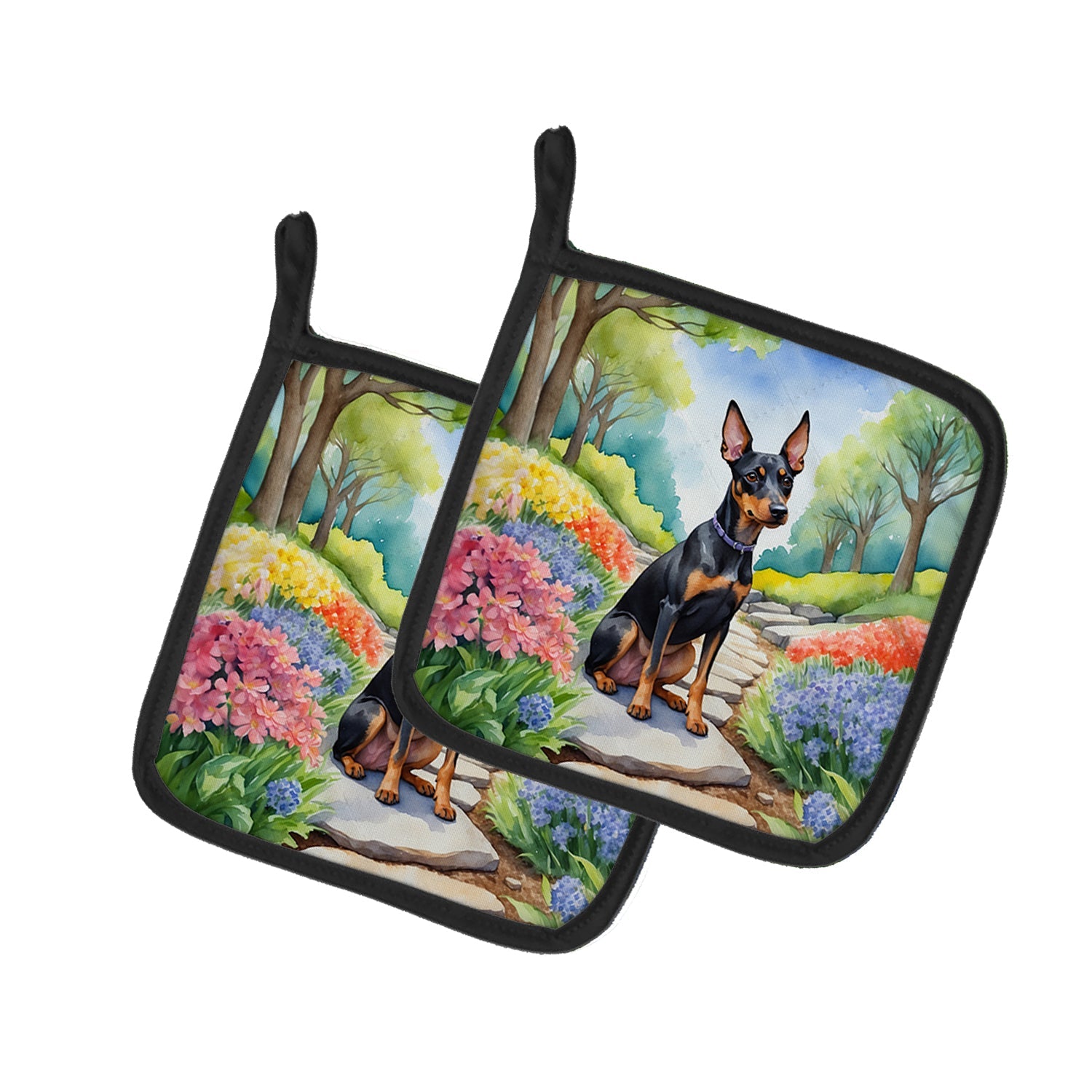 Manchester Terrier Spring Path Pot Holder Set of 2 Heat Resistant Quilted Hot Pads 7.5 x 7.5 Inch, Insulated Kitchen Trivets for Cooking & Baking