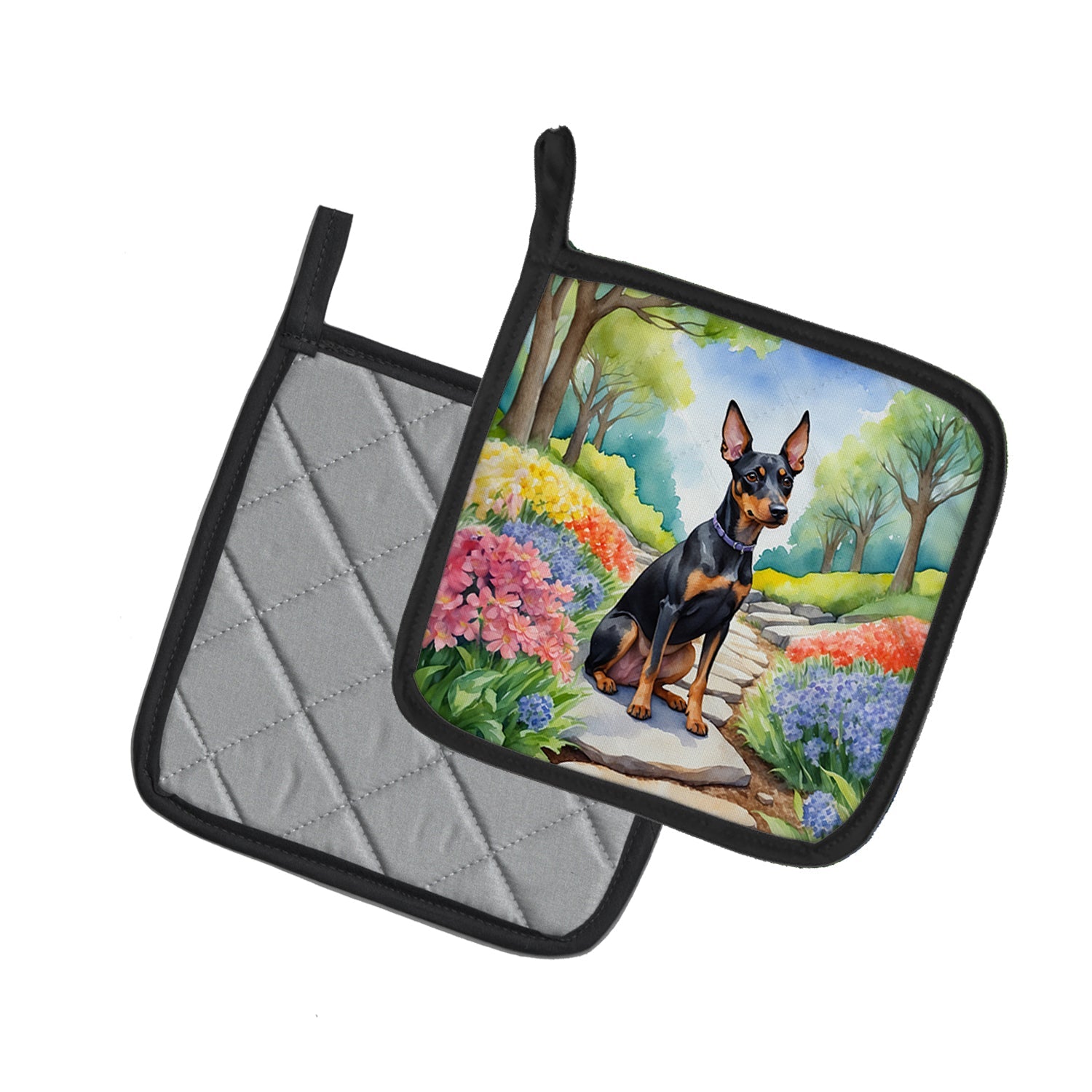 Manchester Terrier Spring Path Pot Holder Set of 2 Heat Resistant Quilted Hot Pads 7.5 x 7.5 Inch, Insulated Kitchen Trivets for Cooking & Baking
