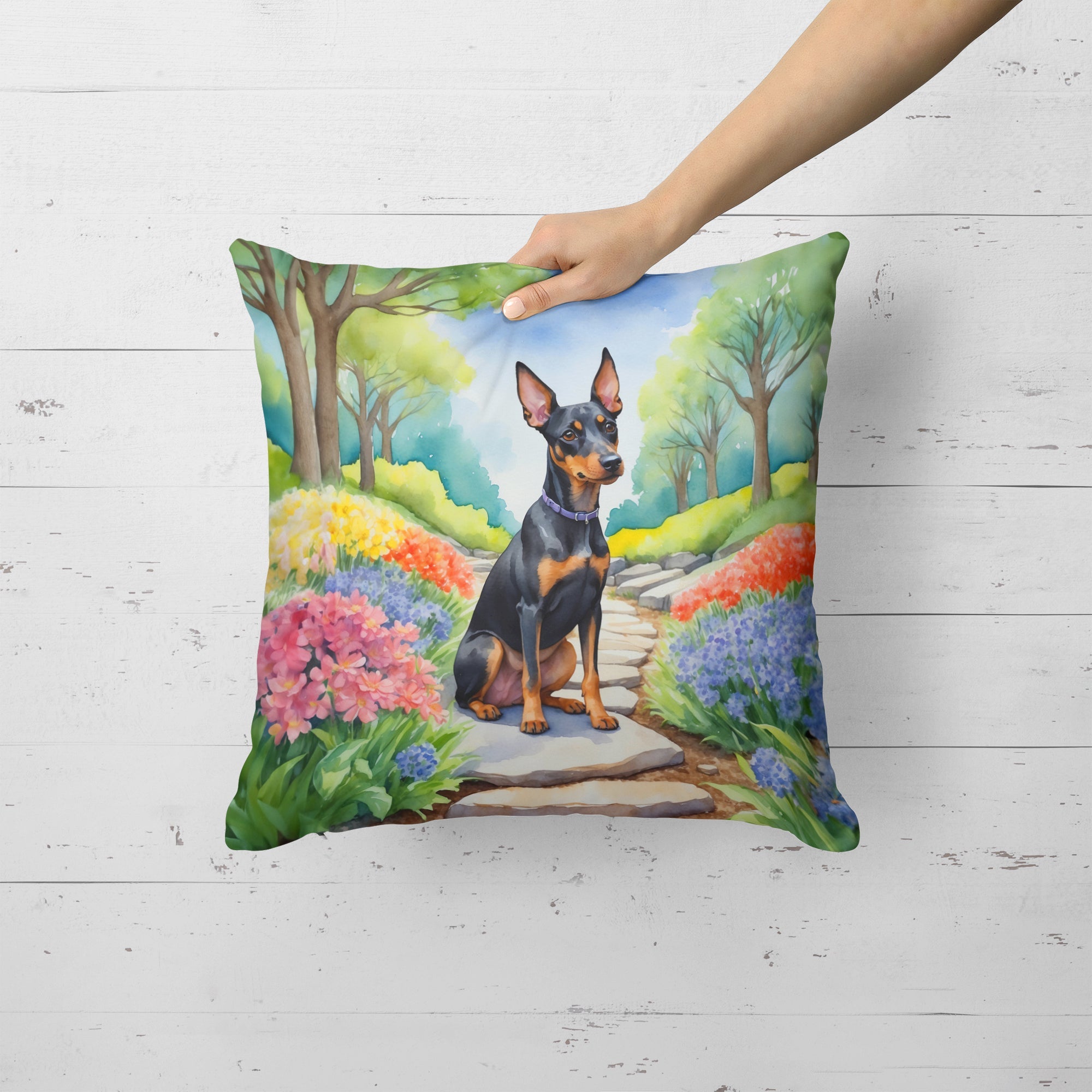 Manchester Terrier Spring Path Decorative Throw Pillow 18x18 Indoor Outdoor Accent Cushion, Fabric Cover with Insert for Sofa, Bed, Porch & Living Room