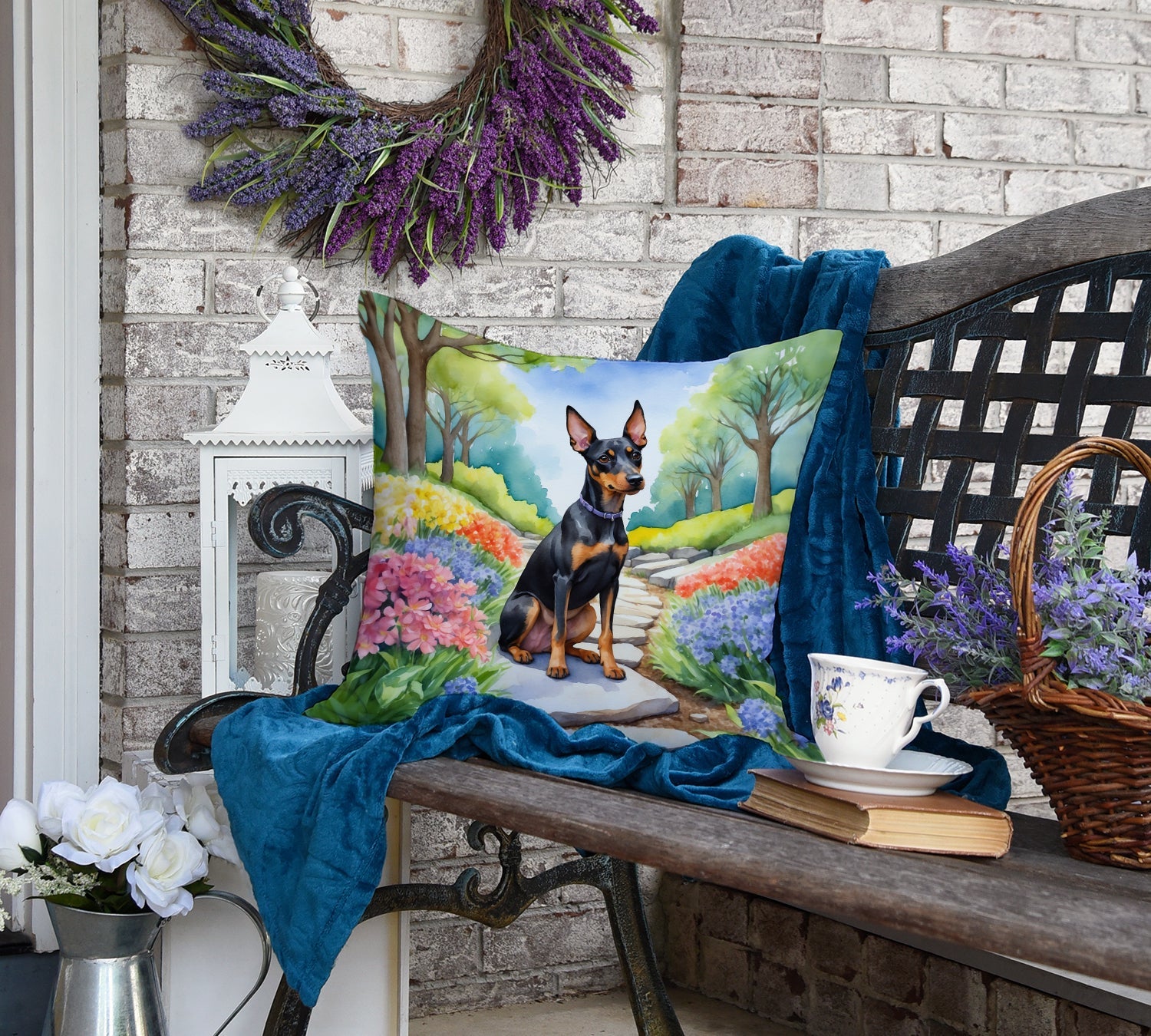 Manchester Terrier Spring Path Decorative Throw Pillow 18x18 Indoor Outdoor Accent Cushion, Fabric Cover with Insert for Sofa, Bed, Porch & Living Room