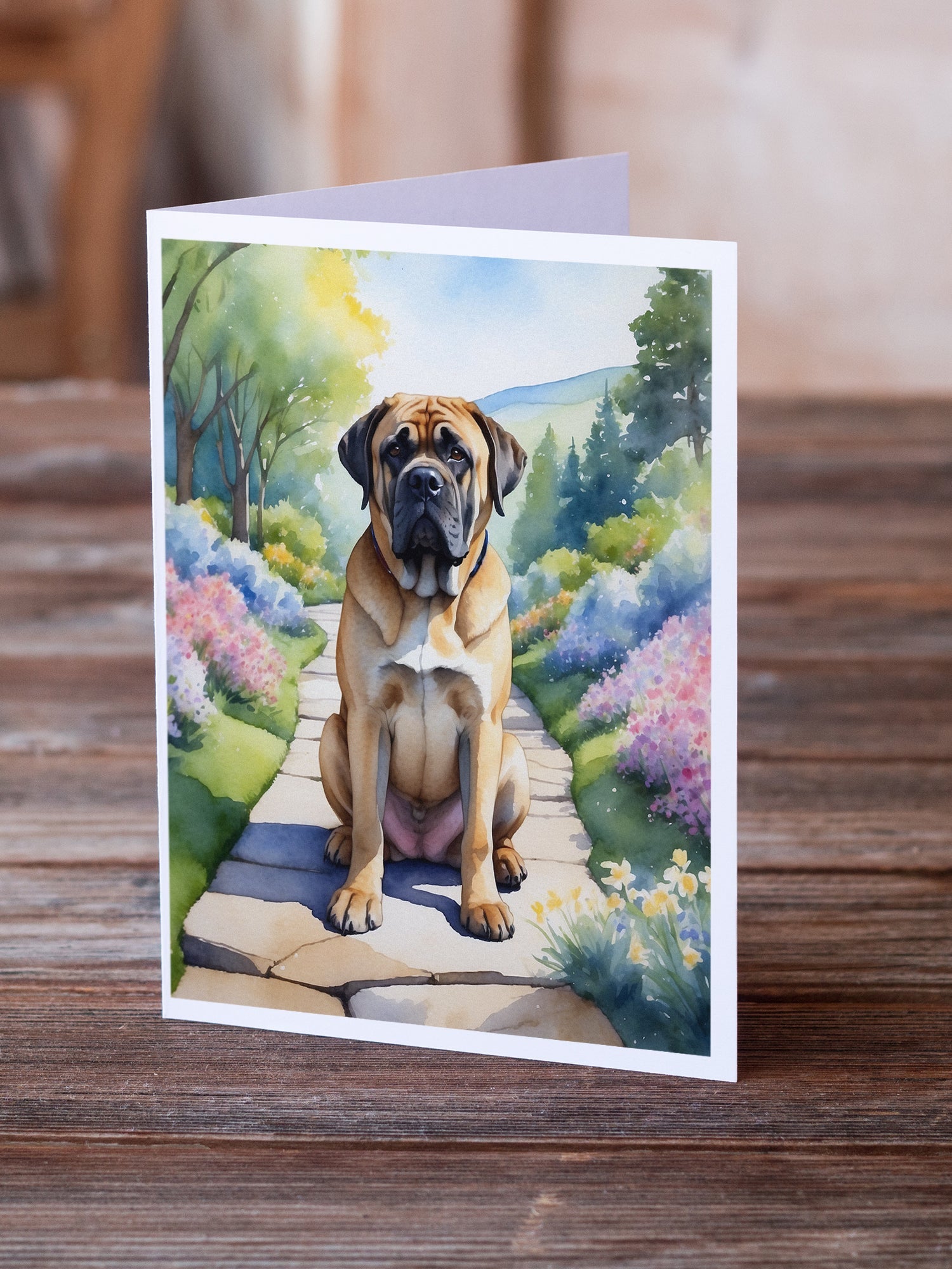 Mastiff Spring Path Greeting Cards Pack of 8 Blank Cards with Envelopes Whimsical A7 Size 5x7