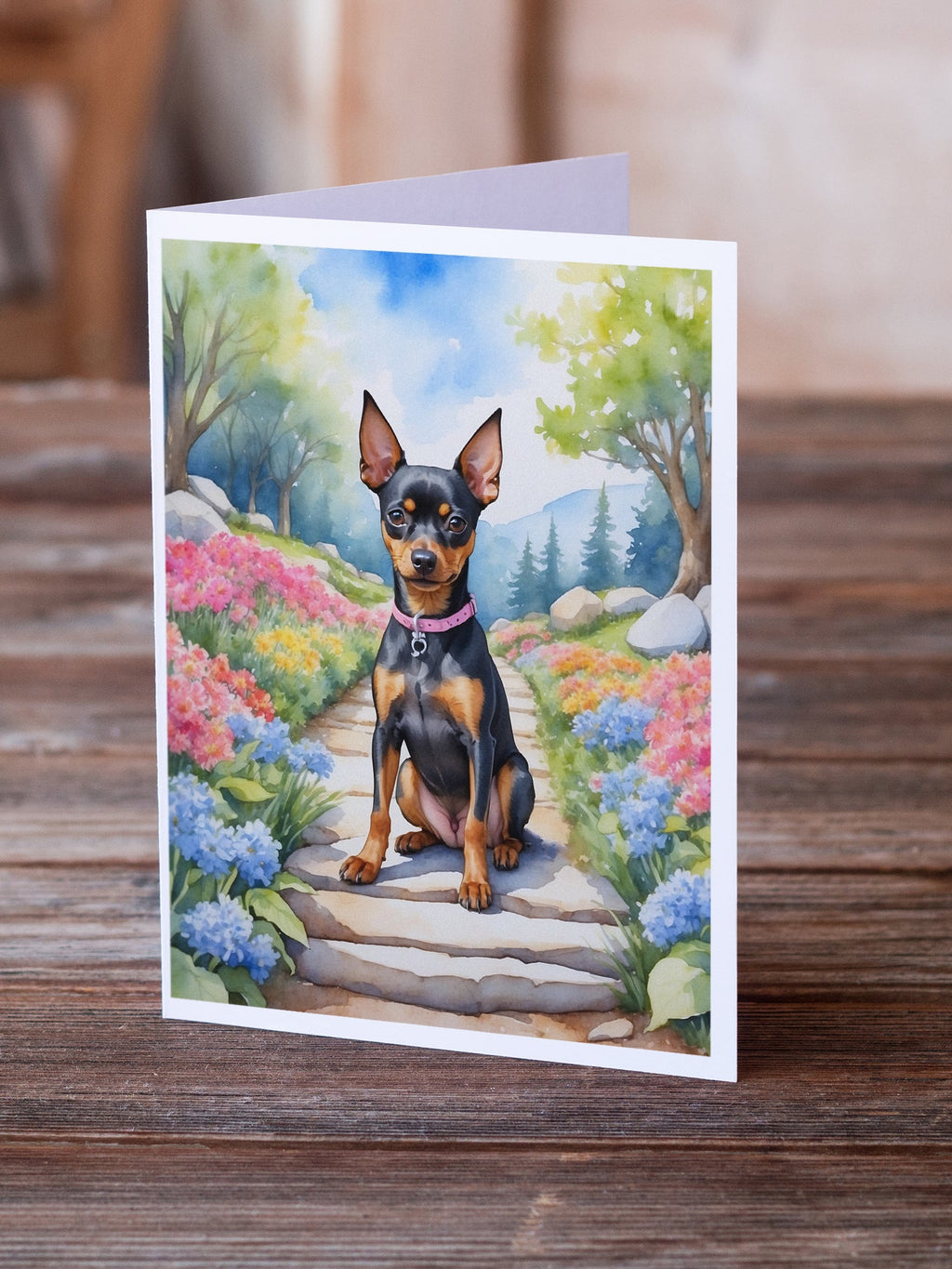 Miniature Pinscher Spring Path Greeting Cards Pack of 8 Blank Cards with Envelopes Whimsical A7 Size 5x7