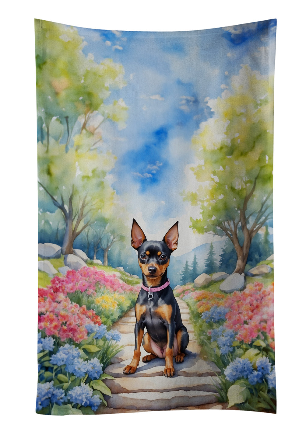 Miniature Pinscher Spring Path Kitchen Towel Velour Plush Front and Cotton Loop Back Machine Washable