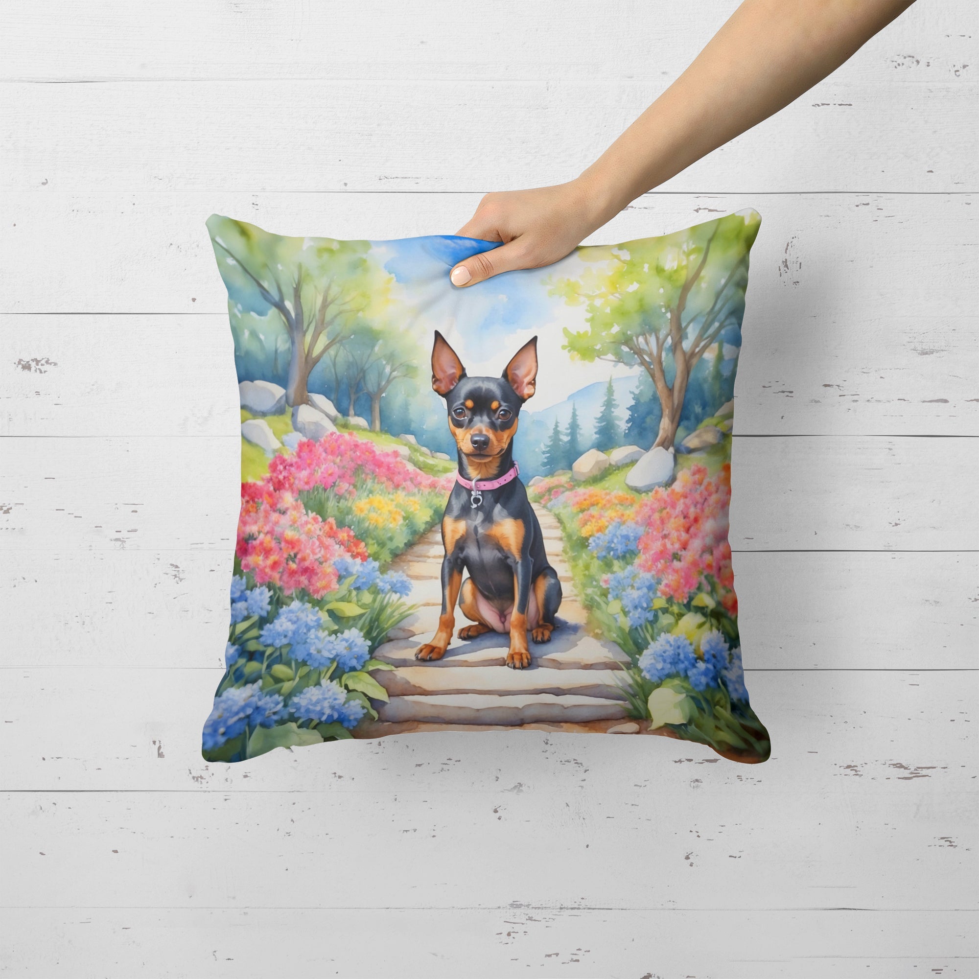 Miniature Pinscher Spring Path Decorative Throw Pillow 18x18 Indoor Outdoor Accent Cushion, Fabric Cover with Insert for Sofa, Bed, Porch & Living Room