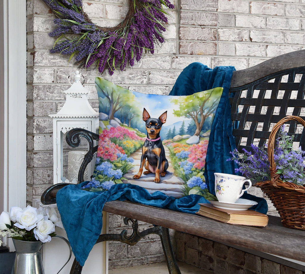 Miniature Pinscher Spring Path Decorative Throw Pillow 18x18 Indoor Outdoor Accent Cushion, Fabric Cover with Insert for Sofa, Bed, Porch & Living Room