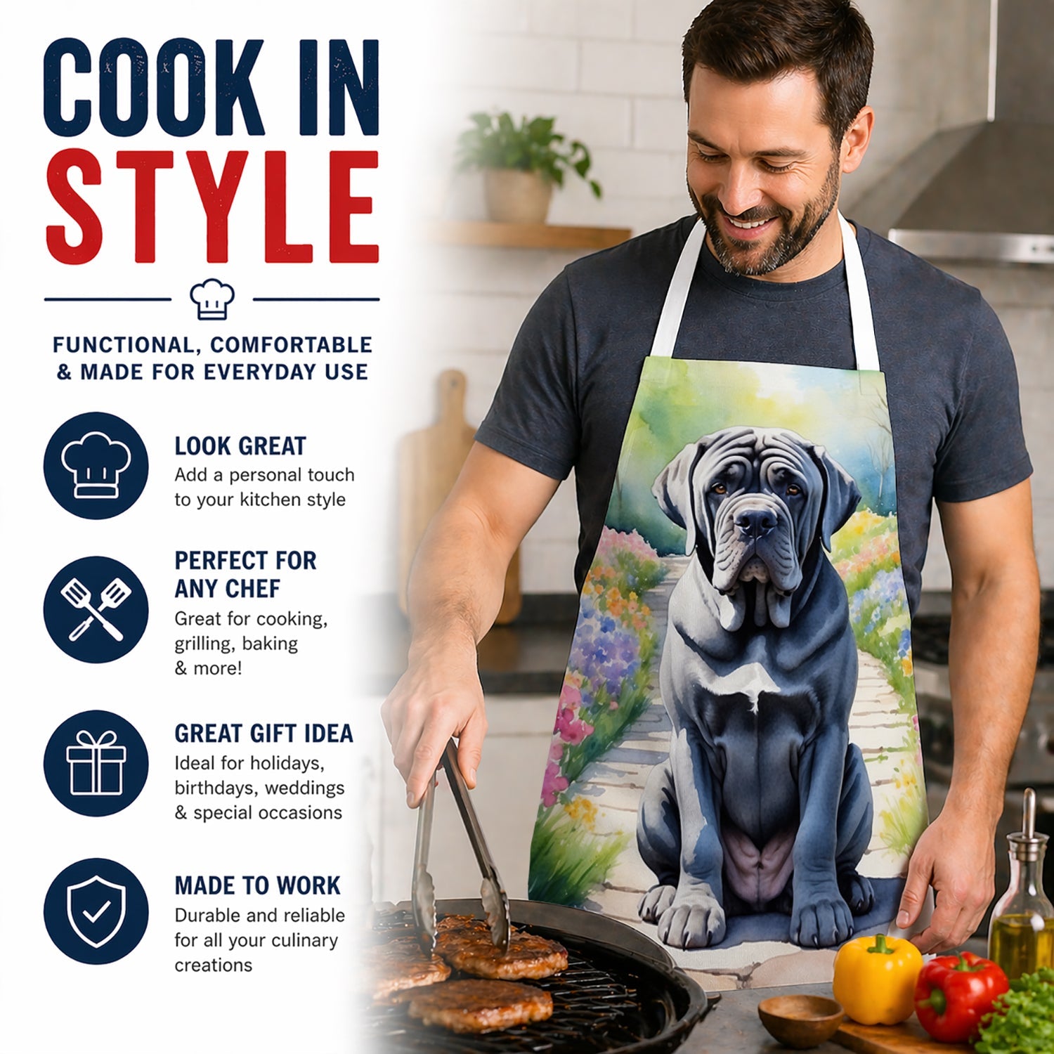 Neapolitan Mastiff Spring Path Apron Cooking Kitchen Server Baking Crafts Gardening for Adult Women Men, Unisex, Large, Multicolor