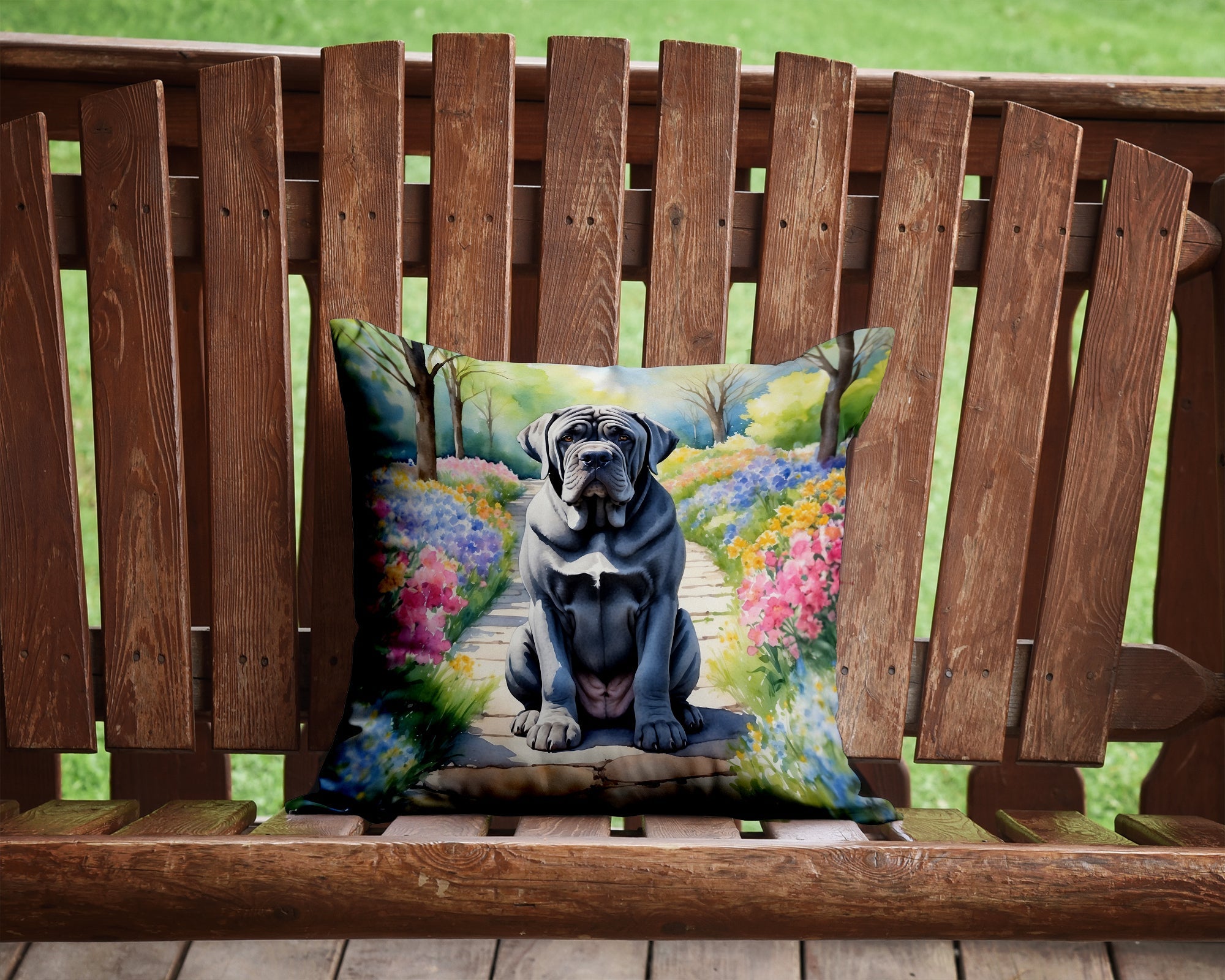 Neapolitan Mastiff Spring Path Decorative Throw Pillow 14x14 Indoor Outdoor Accent Cushion, Fabric Cover with Insert for Sofa, Bed, Porch & Living Room