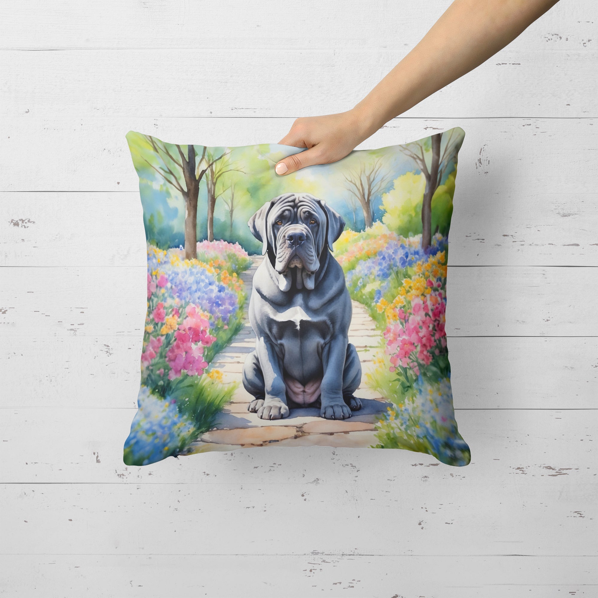 Neapolitan Mastiff Spring Path Decorative Throw Pillow 18x18 Indoor Outdoor Accent Cushion, Fabric Cover with Insert for Sofa, Bed, Porch & Living Room
