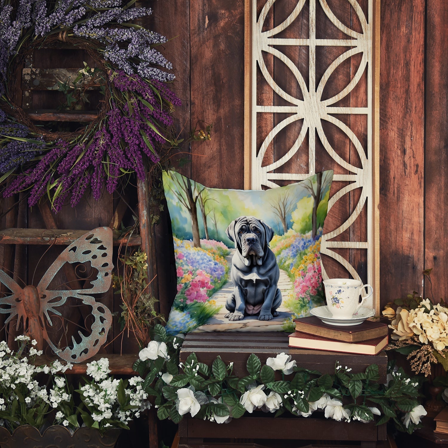 Neapolitan Mastiff Spring Path Decorative Throw Pillow 18x18 Indoor Outdoor Accent Cushion, Fabric Cover with Insert for Sofa, Bed, Porch & Living Room
