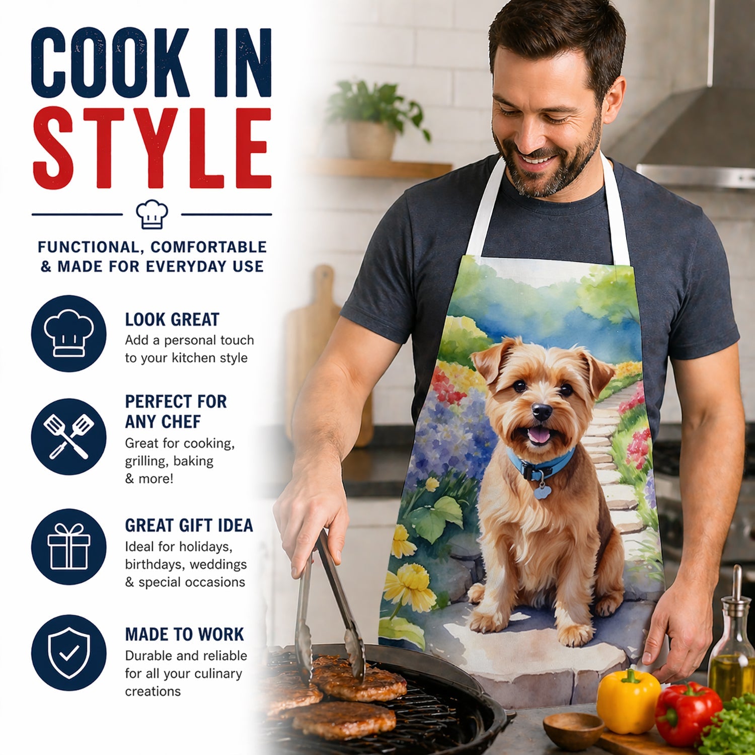 Norfolk Terrier Spring Path Apron Cooking Kitchen Server Baking Crafts Gardening for Adult Women Men, Unisex, Large, Multicolor