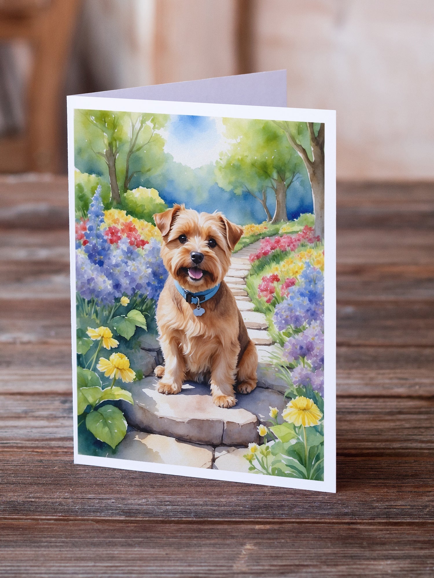 Norfolk Terrier Spring Path Greeting Cards Pack of 8 Blank Cards with Envelopes Whimsical A7 Size 5x7