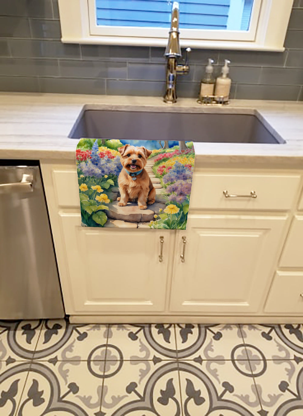 Norfolk Terrier Spring Path Kitchen Towel Velour Plush Front and Cotton Loop Back Machine Washable