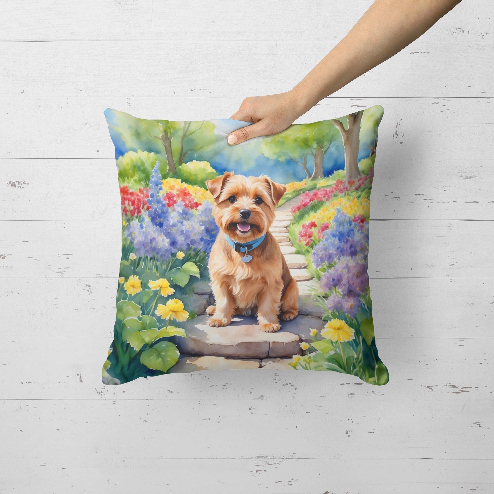 Norfolk Terrier Spring Path Decorative Throw Pillow 18x18 Indoor Outdoor Accent Cushion, Fabric Cover with Insert for Sofa, Bed, Porch & Living Room
