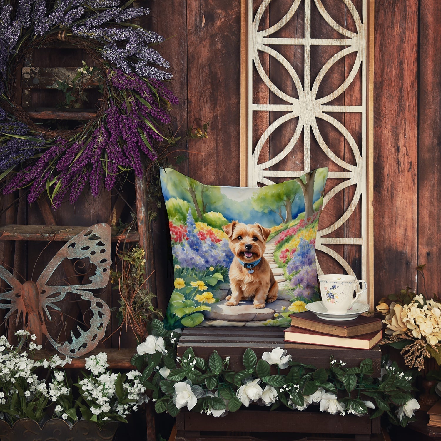 Norfolk Terrier Spring Path Decorative Throw Pillow 18x18 Indoor Outdoor Accent Cushion, Fabric Cover with Insert for Sofa, Bed, Porch & Living Room