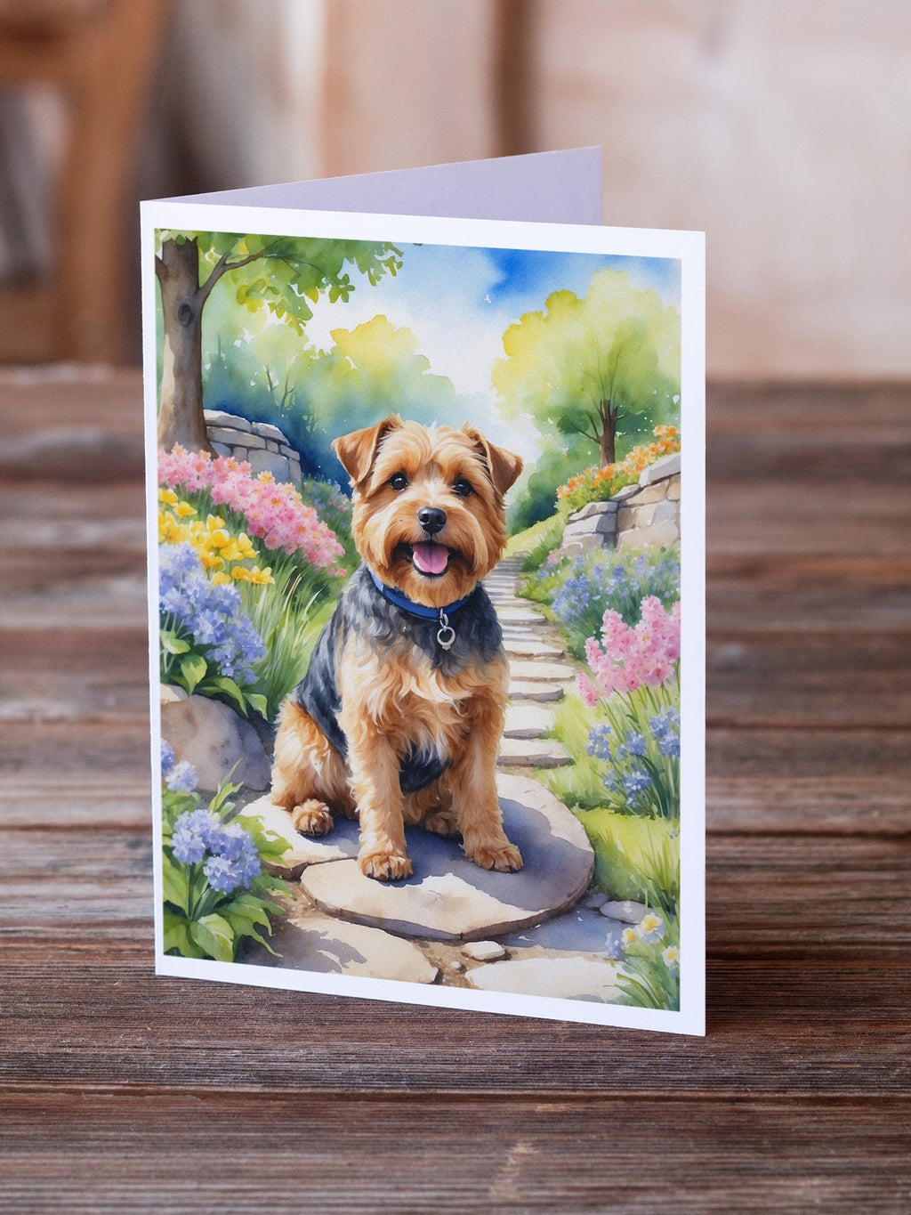 Norfolk Terrier Spring Path Greeting Cards Pack of 8 Blank Cards with Envelopes Whimsical A7 Size 5x7