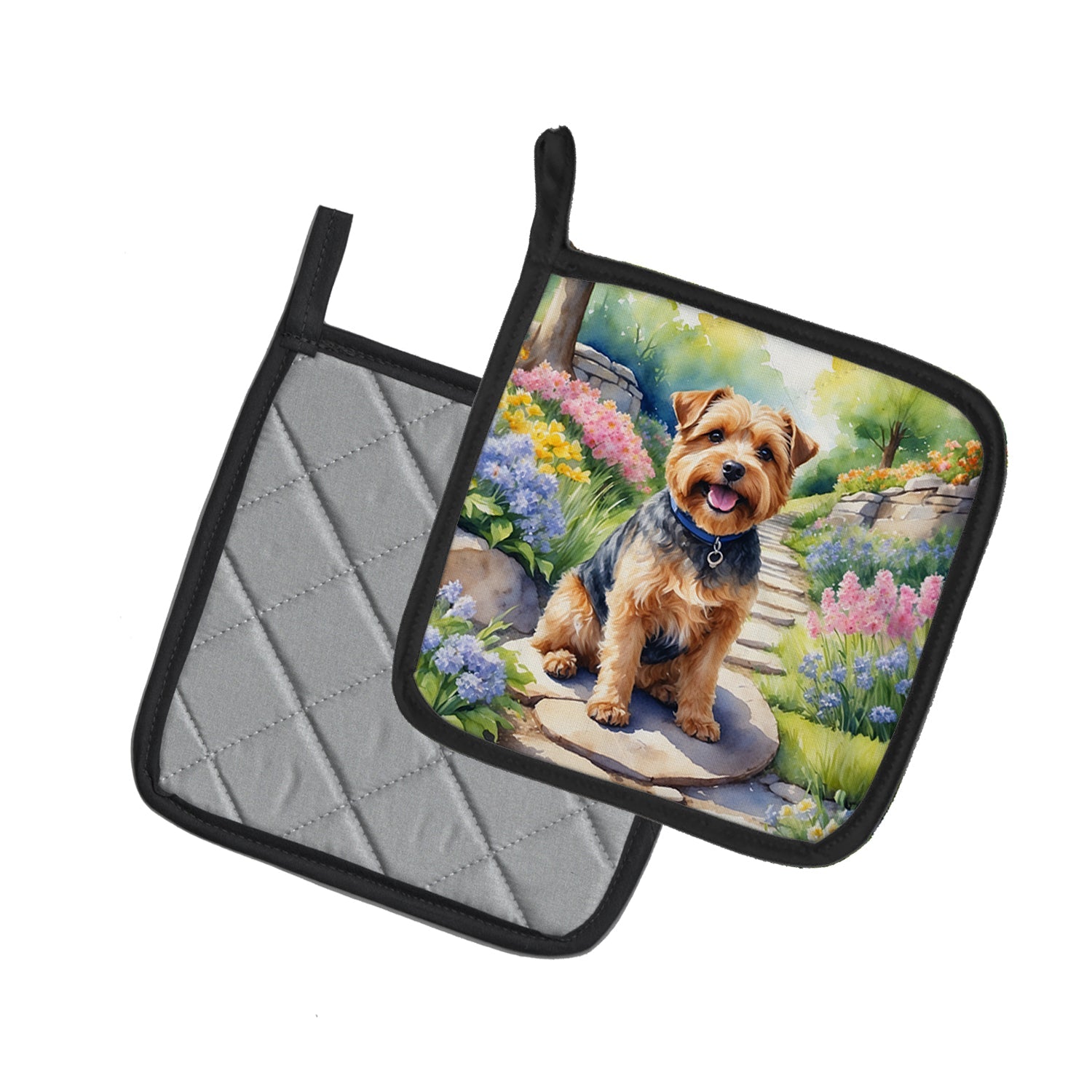 Norfolk Terrier Spring Path Pot Holder Set of 2 Heat Resistant Quilted Hot Pads 7.5 x 7.5 Inch, Insulated Kitchen Trivets for Cooking & Baking