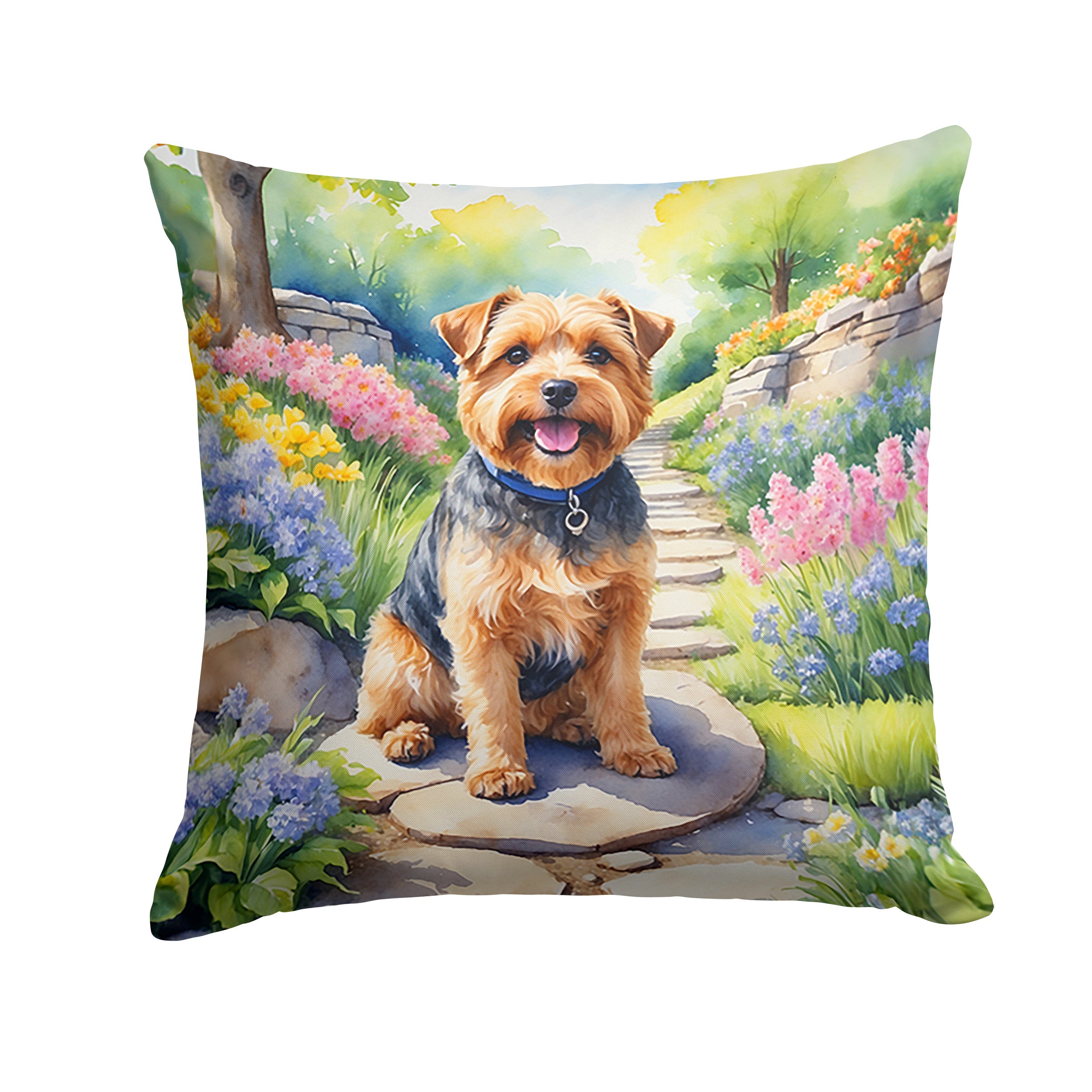 Norfolk Terrier Spring Path Decorative Throw Pillow 14x14 Indoor Outdoor Accent Cushion, Fabric Cover with Insert for Sofa, Bed, Porch & Living Room