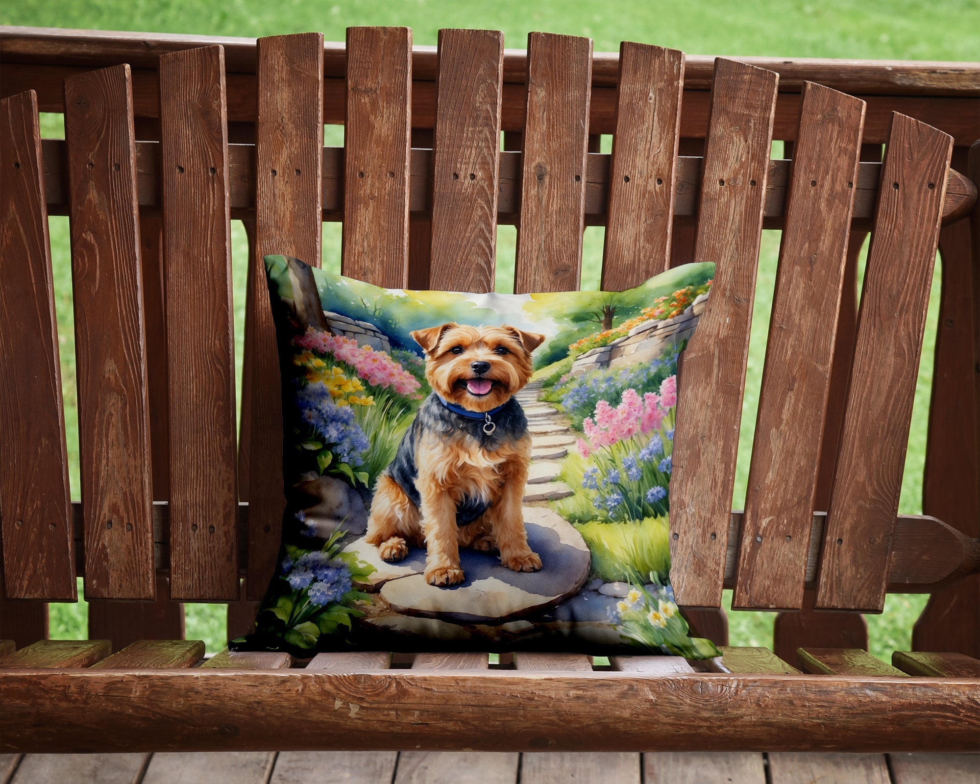 Norfolk Terrier Spring Path Decorative Throw Pillow 14x14 Indoor Outdoor Accent Cushion, Fabric Cover with Insert for Sofa, Bed, Porch & Living Room