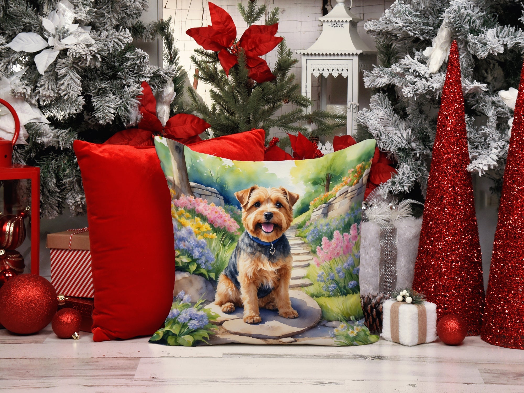Norfolk Terrier Spring Path Decorative Throw Pillow 14x14 Indoor Outdoor Accent Cushion, Fabric Cover with Insert for Sofa, Bed, Porch & Living Room