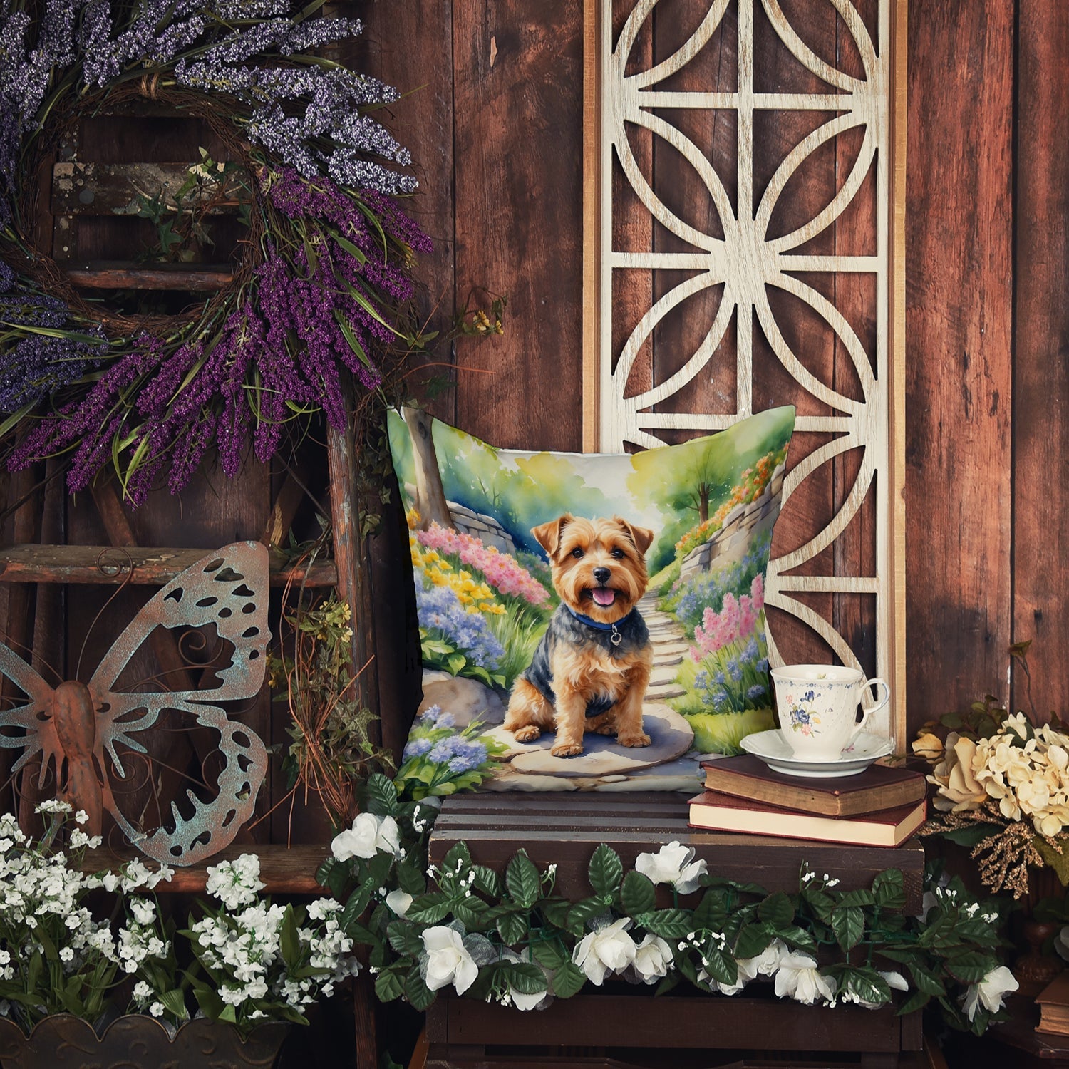 Norfolk Terrier Spring Path Decorative Throw Pillow 18x18 Indoor Outdoor Accent Cushion, Fabric Cover with Insert for Sofa, Bed, Porch & Living Room