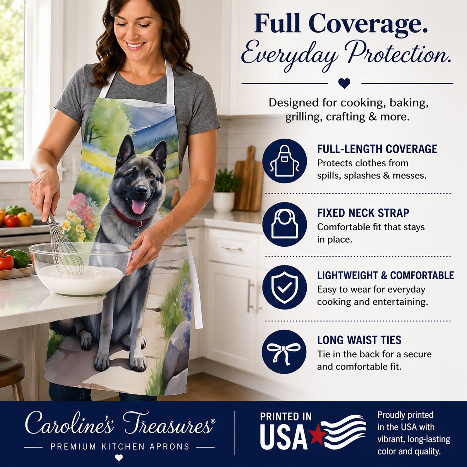Norwegian Elkhound Spring Path Apron Cooking Kitchen Server Baking Crafts Gardening for Adult Women Men, Unisex, Large, Multicolor