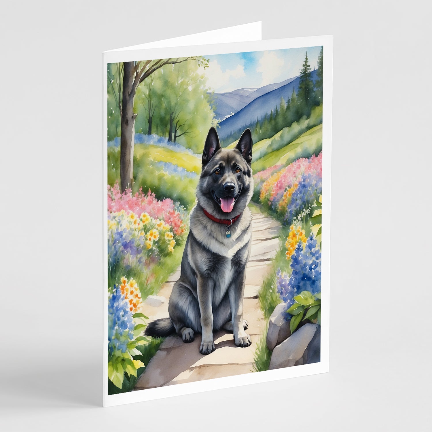Norwegian Elkhound Spring Path Greeting Cards Pack of 8 Blank Cards with Envelopes Whimsical A7 Size 5x7