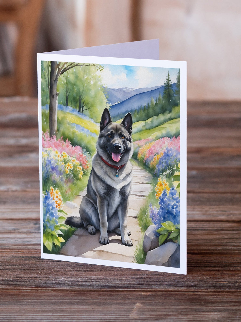 Norwegian Elkhound Spring Path Greeting Cards Pack of 8 Blank Cards with Envelopes Whimsical A7 Size 5x7