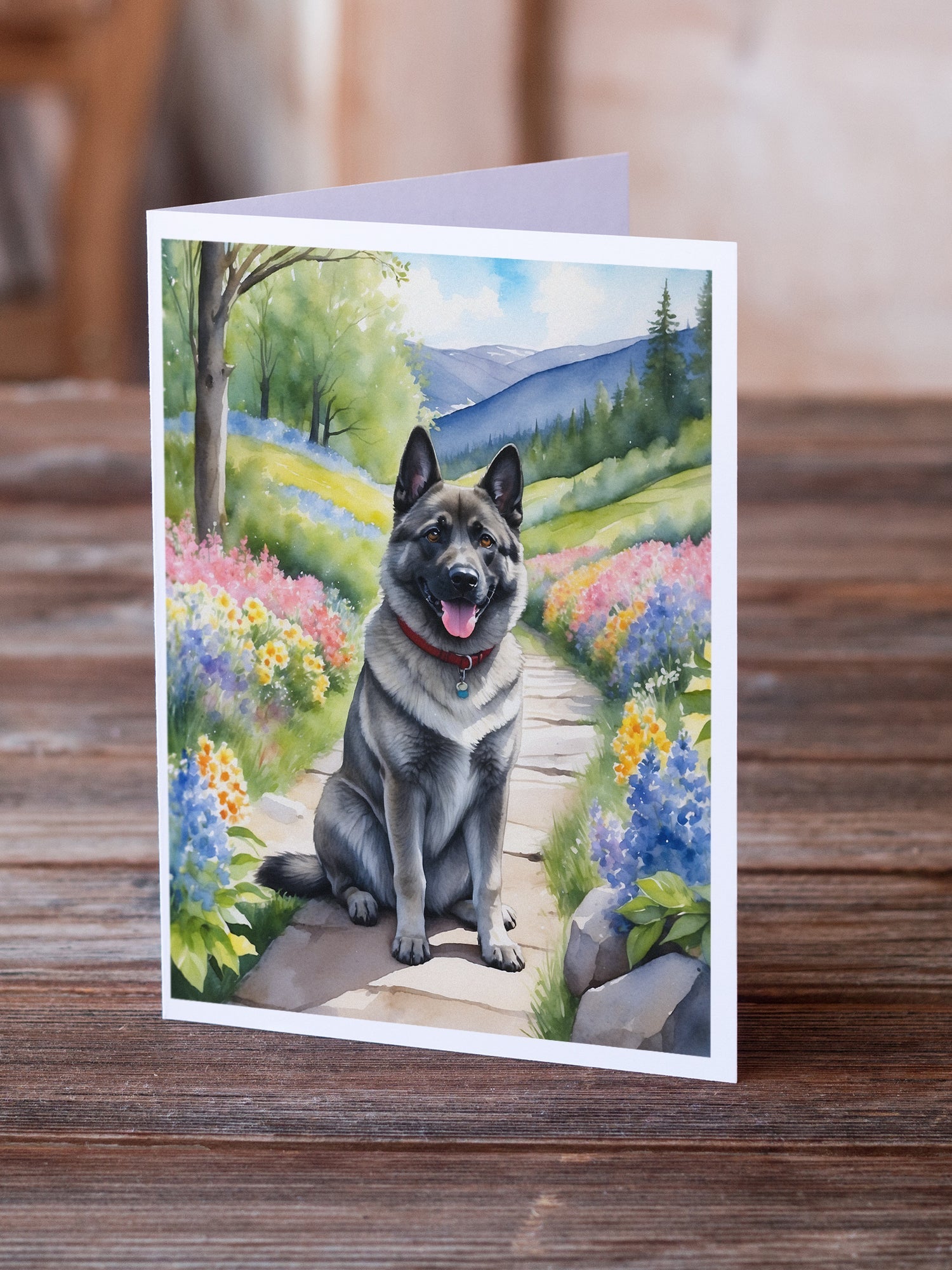 Norwegian Elkhound Spring Path Greeting Cards Pack of 8 Blank Cards with Envelopes Whimsical A7 Size 5x7