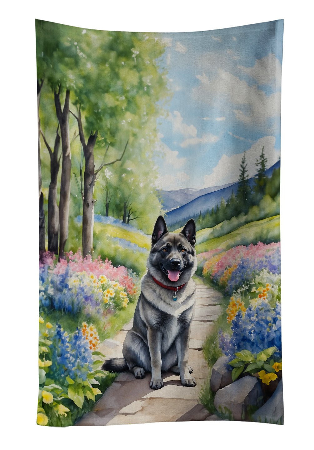 Norwegian Elkhound Spring Path Kitchen Towel Velour Plush Front and Cotton Loop Back Machine Washable