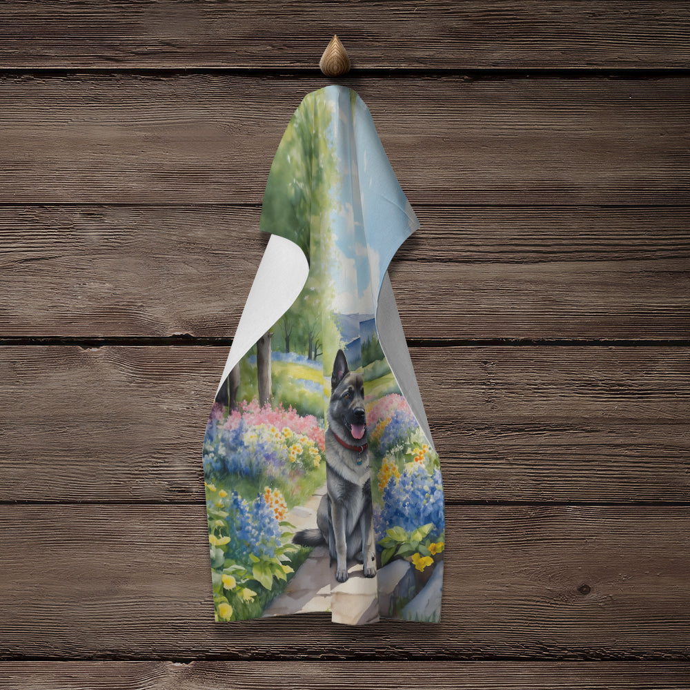 Norwegian Elkhound Spring Path Kitchen Towel Velour Plush Front and Cotton Loop Back Machine Washable
