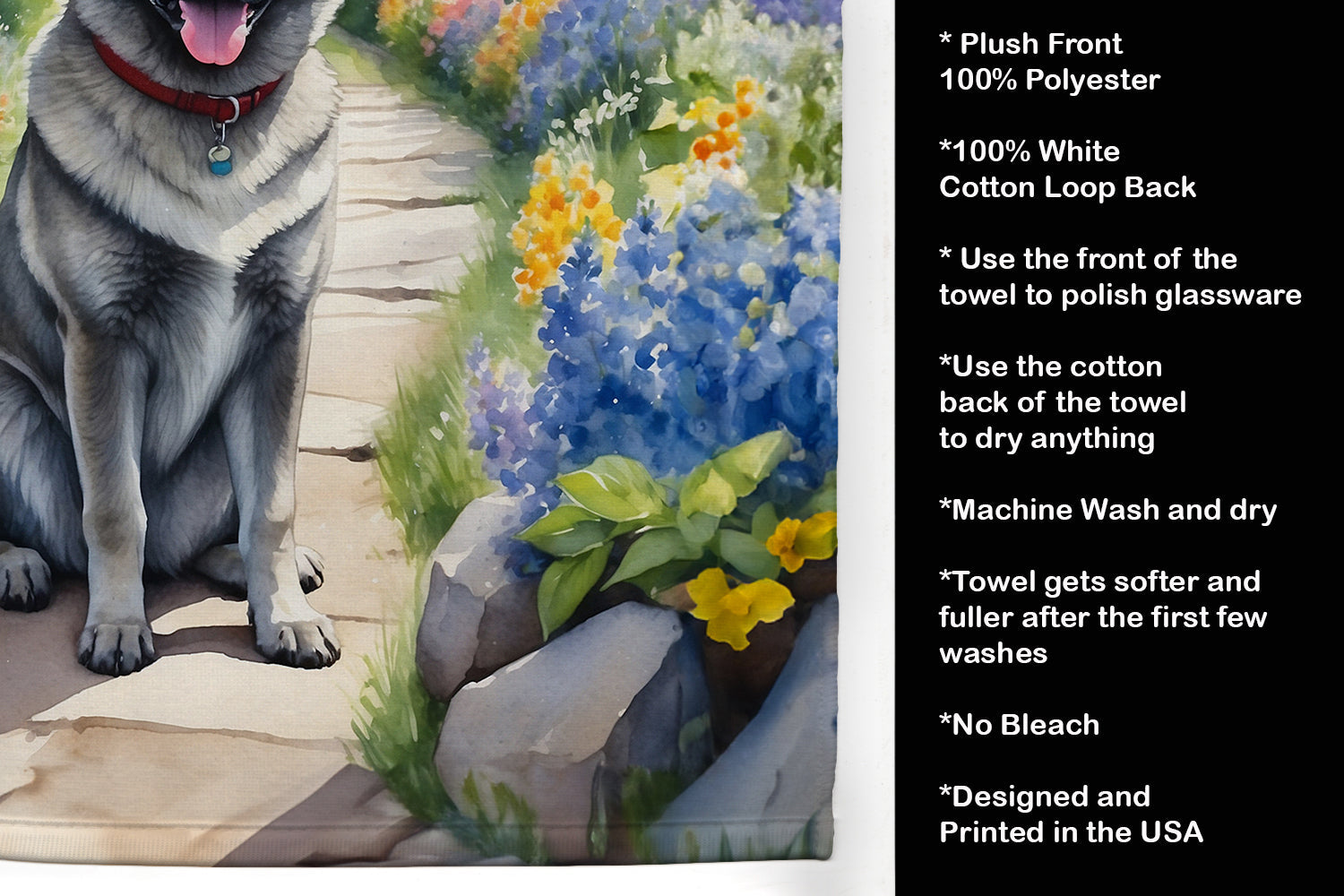 Norwegian Elkhound Spring Path Kitchen Towel Velour Plush Front and Cotton Loop Back Machine Washable