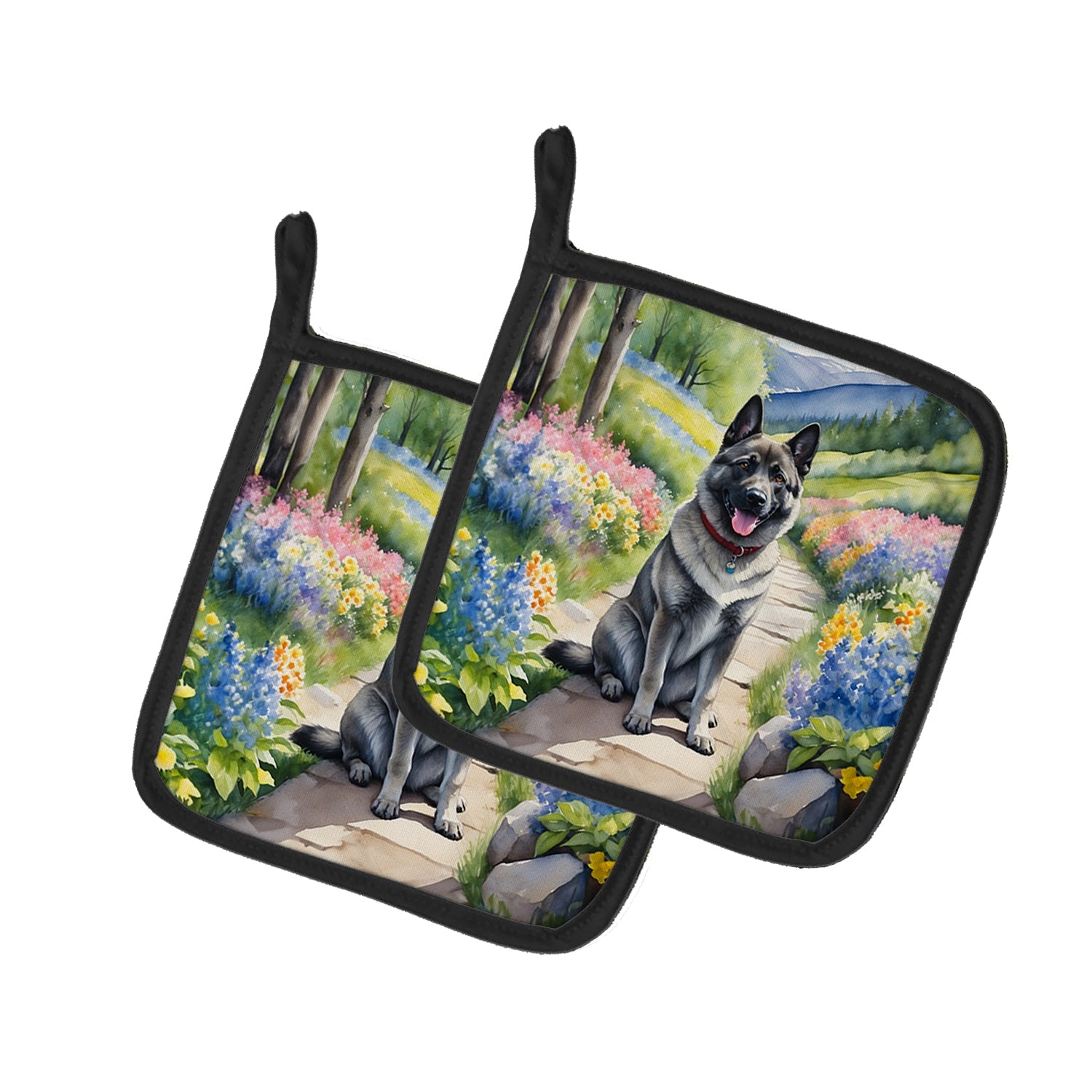 Norwegian Elkhound Spring Path Pot Holder Set of 2 Heat Resistant Quilted Hot Pads 7.5 x 7.5 Inch, Insulated Kitchen Trivets for Cooking & Baking